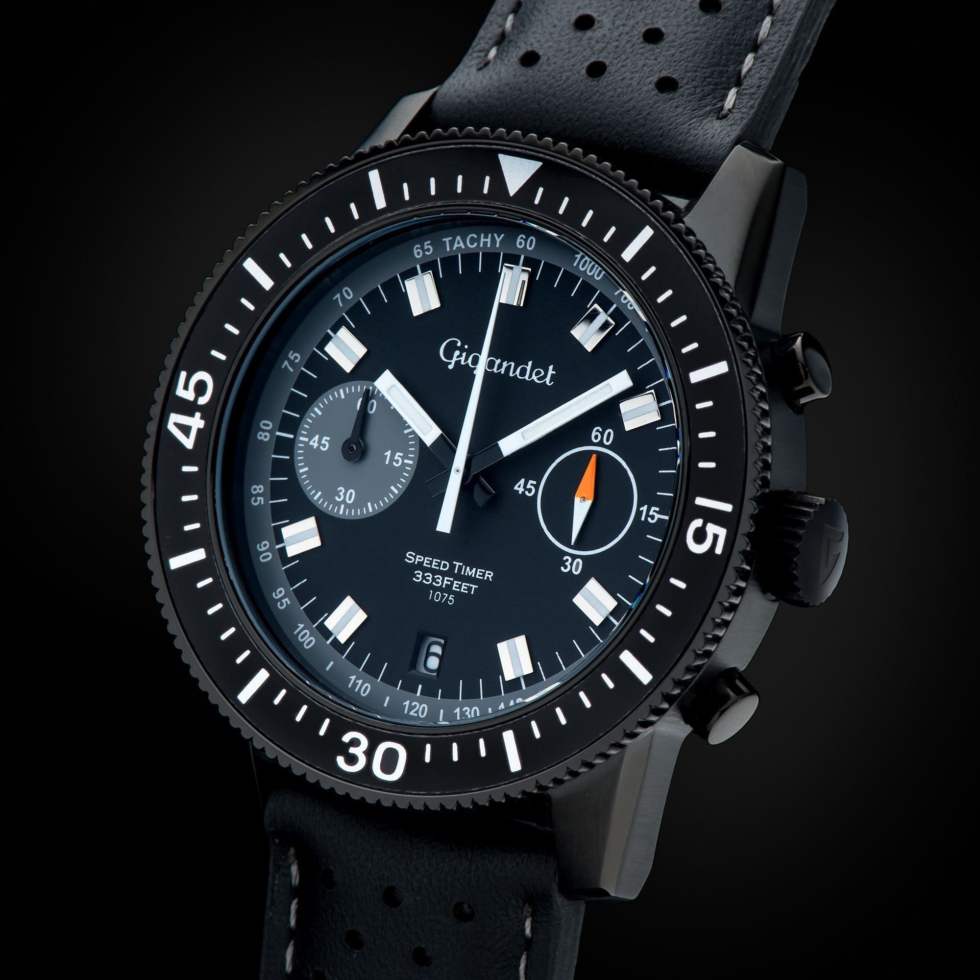 Gigandet Chronograph Armbanduhr, Herrenuhr, Sportuhr, 44mm, SPEED TIMER G7-007, Mineralglas, Datumsanzeige, Lederband, 10bar/100m wasserdicht