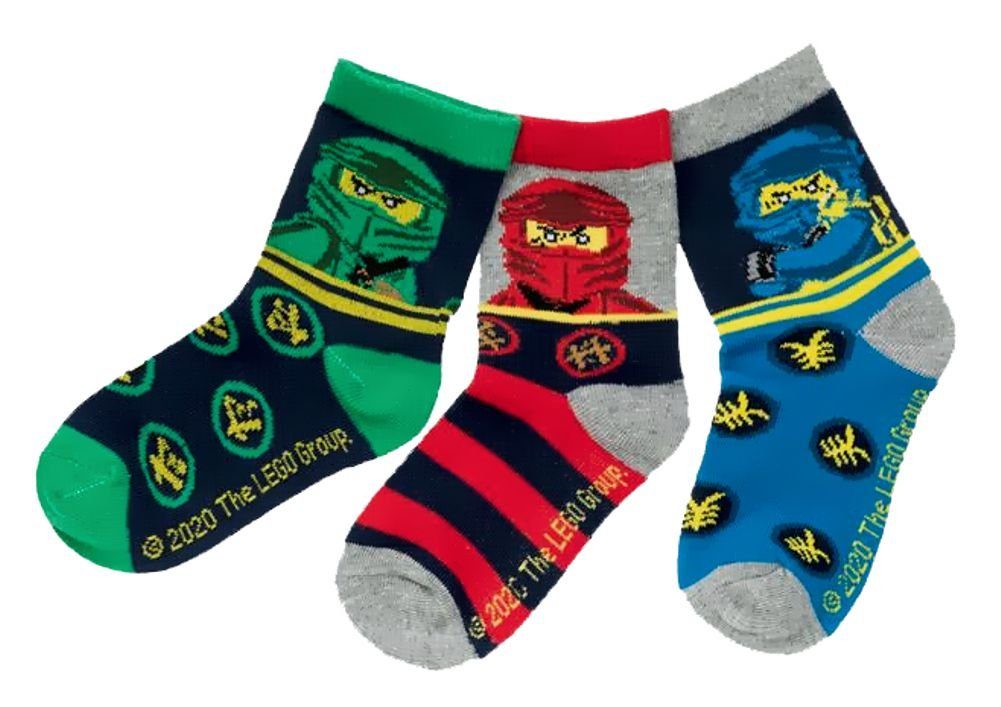 LEGO® Freizeitsocken LEGO NINJAGO Socken Set 3 Paar Kindersocken Kinder Strümpfe für Jungen Ninja BUNT Gr.23 24 25 26 27 28 29 30 31 32 33 34