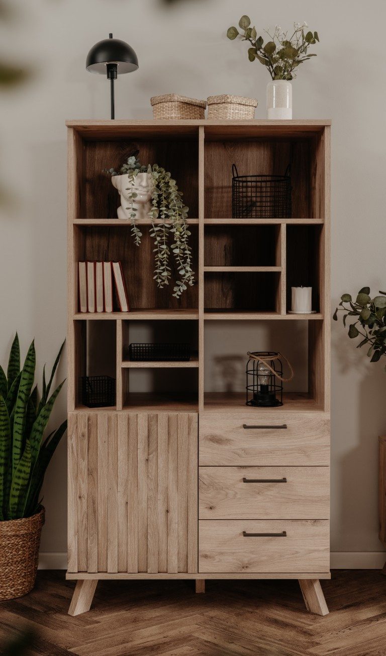 Finori Vitrine Highboard Kommode Wellington, 3D-Reliefoptik, Schwedeneiche