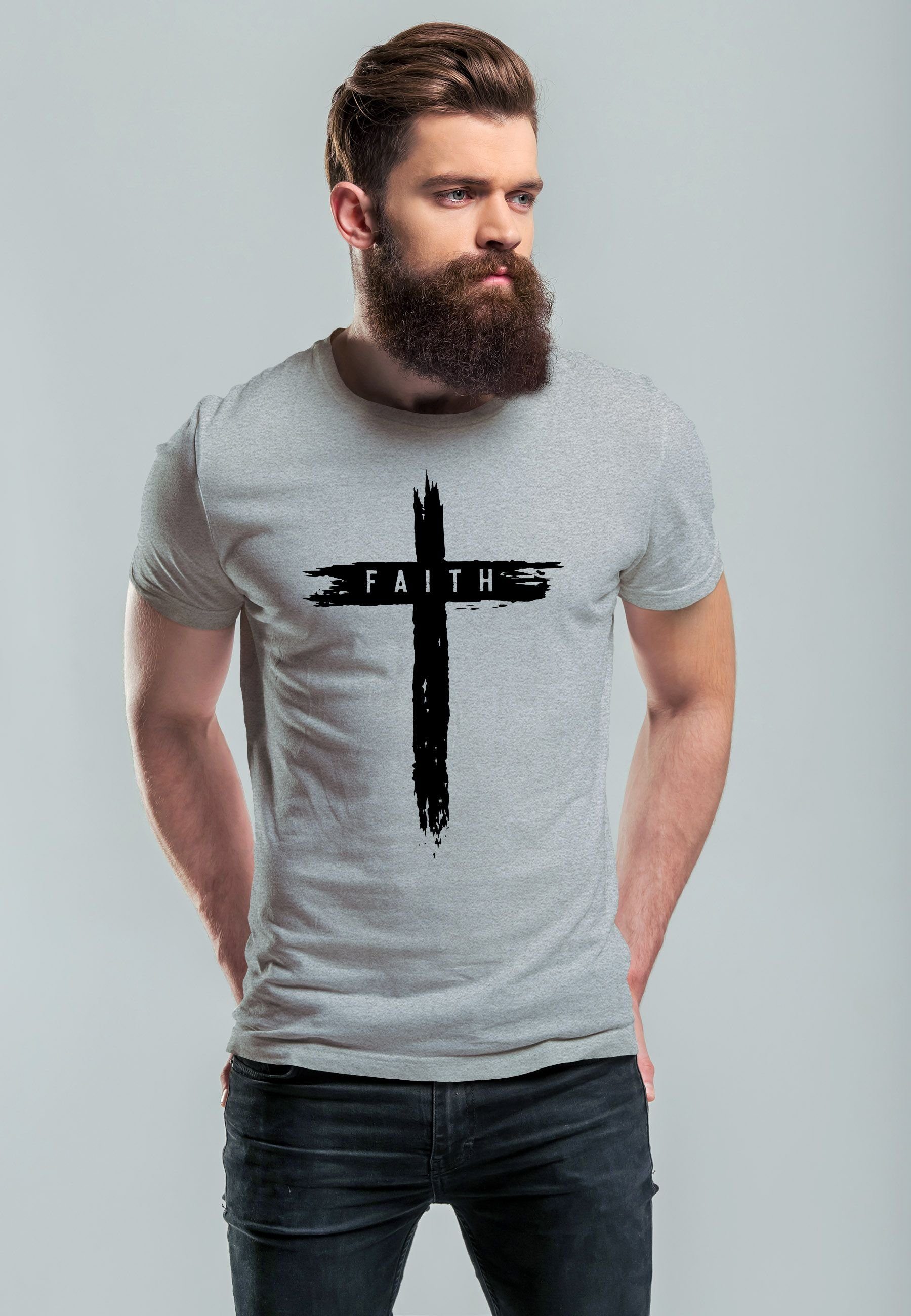 Neverless Print-Shirt Herren T-Shirt Printshirt grau Aufdruck Cross Trend-Moti Print Glaube mit Faith Kreuz