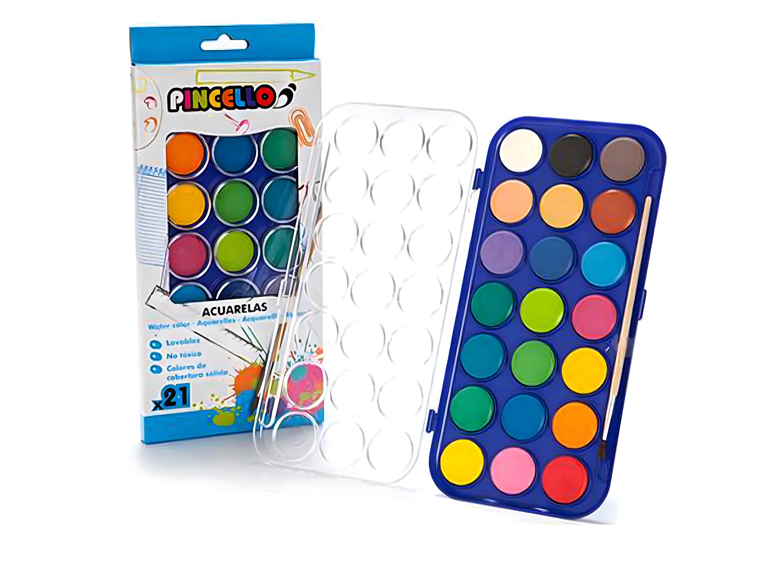 Pincello Aquarellfarbe 21 WASSERFARBEN mit Pinsel Aquarell Deckfarbkasten Malkasten 29, Farbkasten Farben