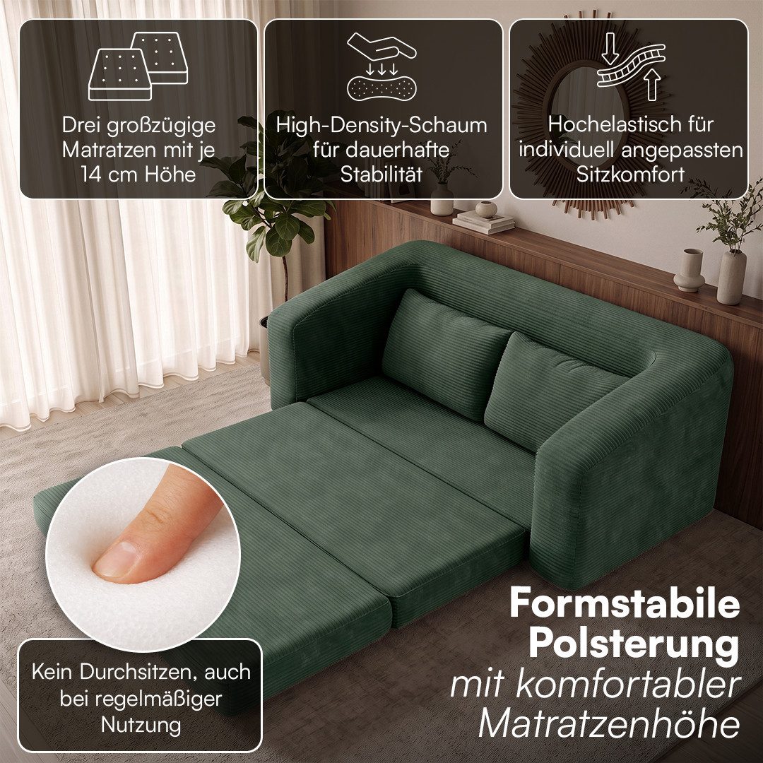 skølm Schlafsofa & Schlafsessel Fjäll mit Kissen, ohne Aufbau, vakuumverpackt, dunkelgrün, Klappsofa 182x100x70 cm, Cordsofa – Bild 2 von 5