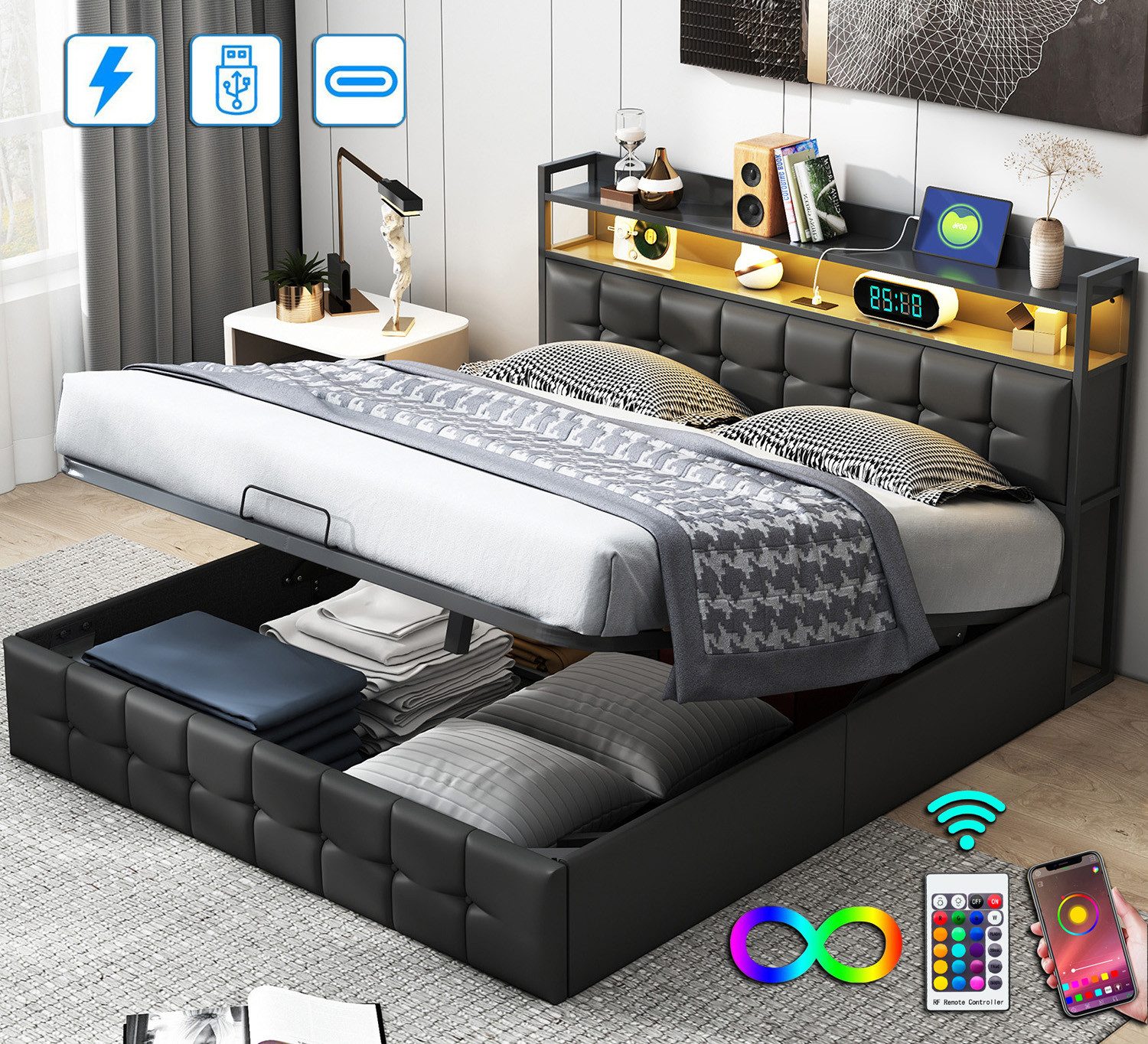 ADWOLT Polsterbett Doppelbett Stauraumbett Mit Bettkasten, 140x200 cm,Gepolstert,Mit LED-Licht und USB + Typ-C,Kunstleder,Schwarz