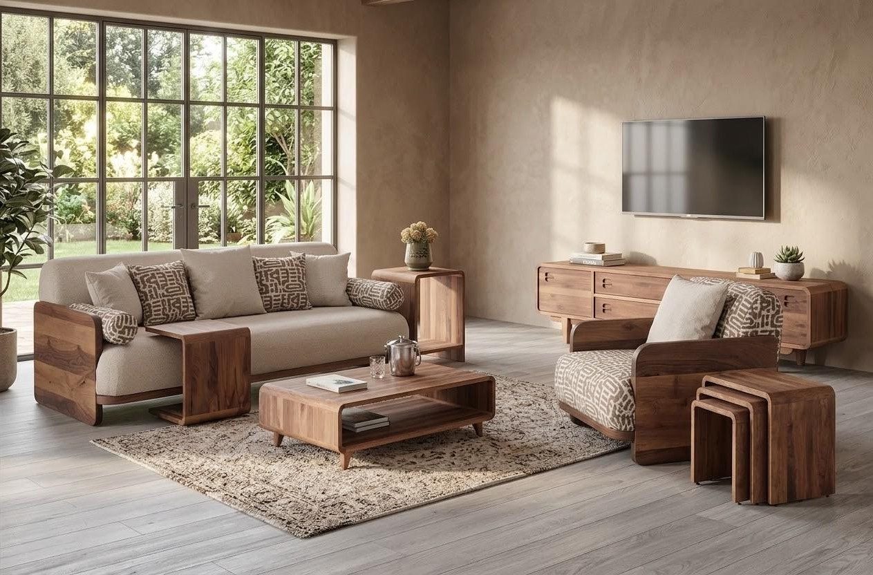 Xlmoebel Polstergarnitur Beige Polstergarnitur: 3-Sitzer-Sofa, Sessel, Tisch & TV-Board, (Polstergarnitur, 4-tlg., 3-Sitzer Sofa, Sessel, Tisch & TV-Board), Made in Europa