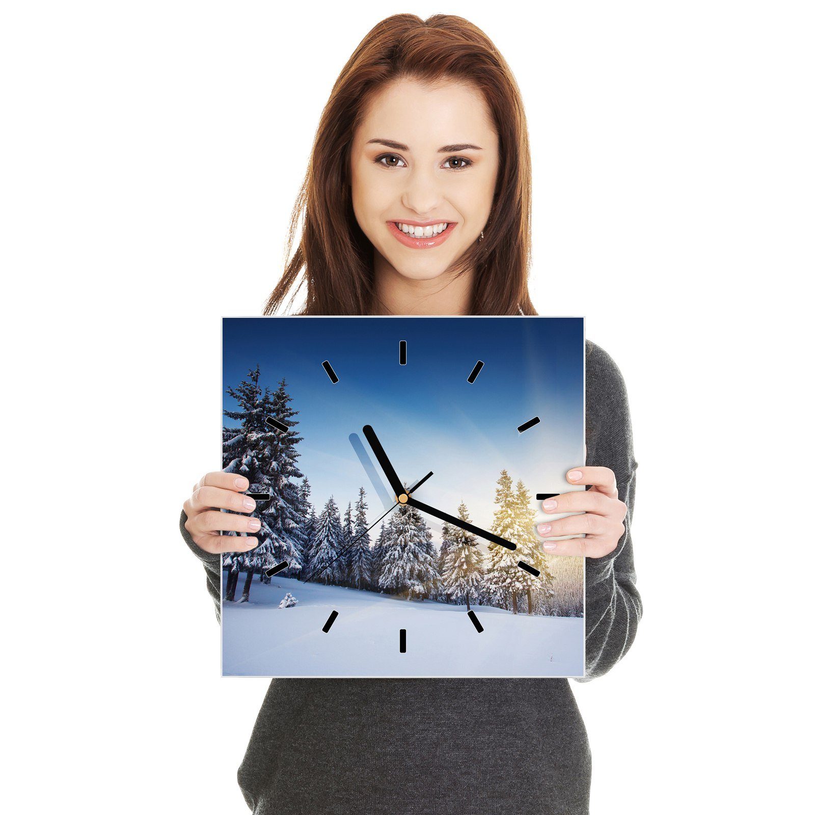 Primedeco Wanduhr Glasuhr x mit 30 30 Wandkunst Größe Sonnenuntergang Motiv cm im Wanduhr Schnee