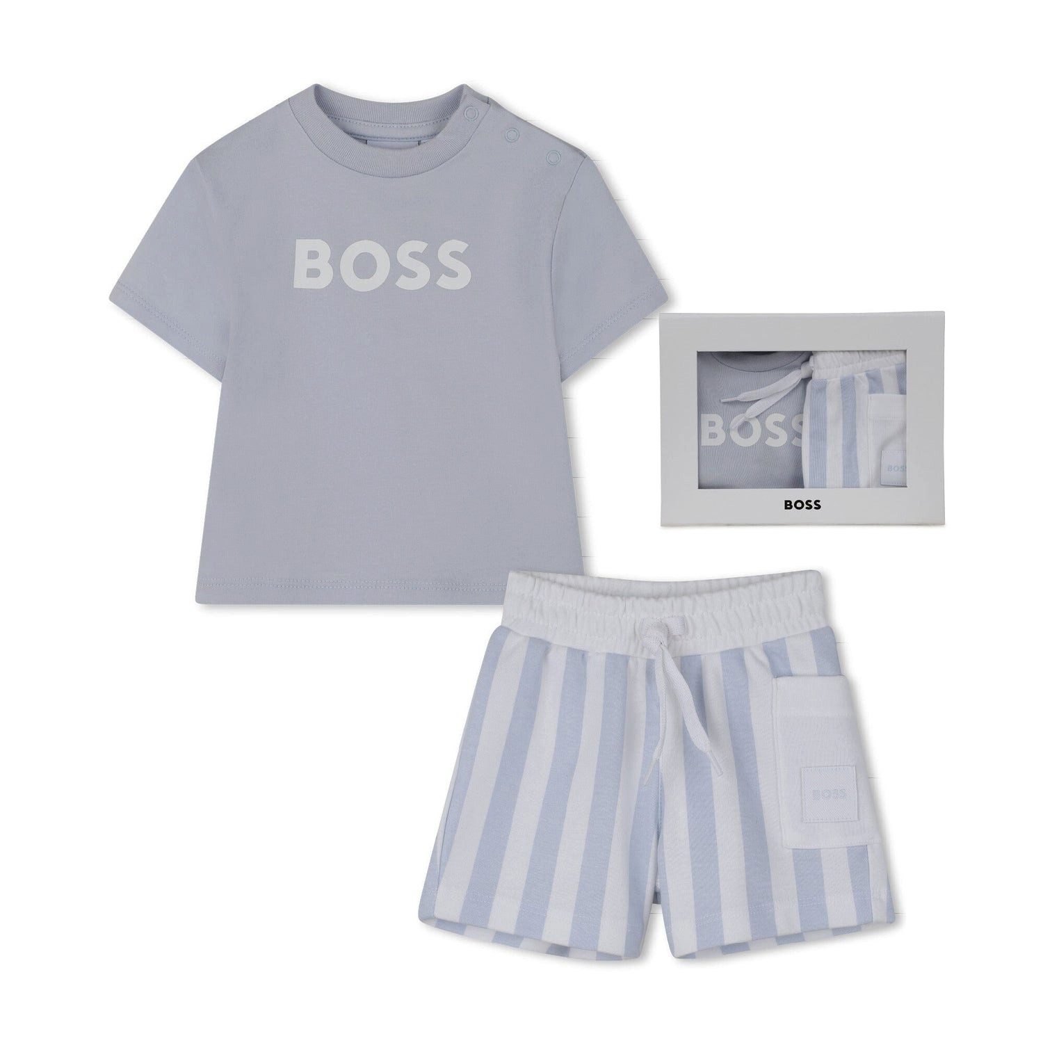Boss Kidswear Neugeborenen-Geschenkset BOSS Baby T-Shirt + Shorts Set „Himmelblau“ – Logo-Shirt & Streifensho