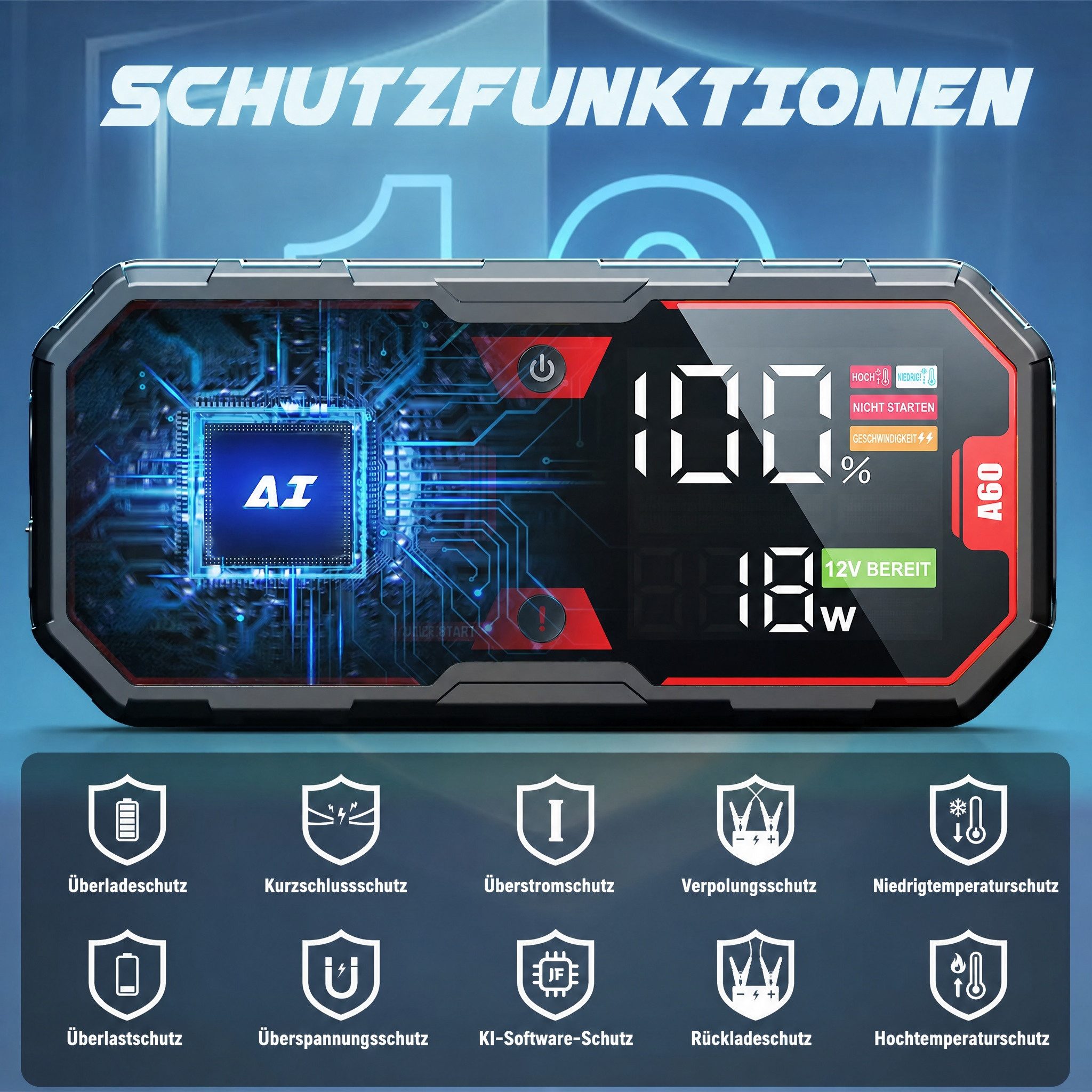 Blossom Auto Starthilfe 6000A 12V mit 3,7" HD-Display, Powerbank, LED-Notlicht Starthilfegerät (12 V), IP65, Batteriestarter für Benzin- & Dieselmotoren bis 10L