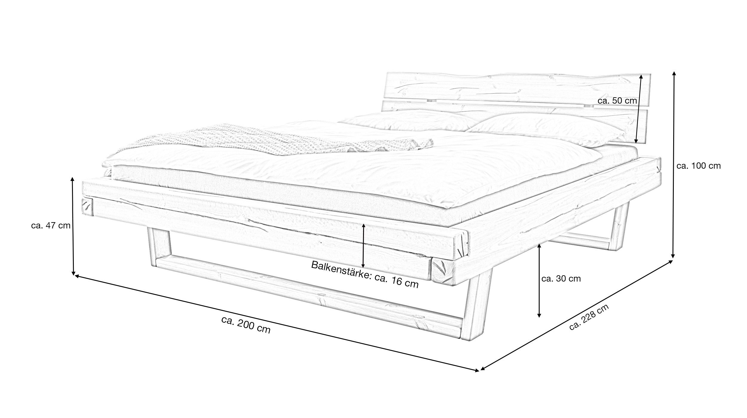 Massivart® Massivholzbett Balkenbett BEKE / Kiefer geölt und gebeizt, Farbe Eiche-Honig / Kopfteil echte Baumkante / Kufen-Gestell
