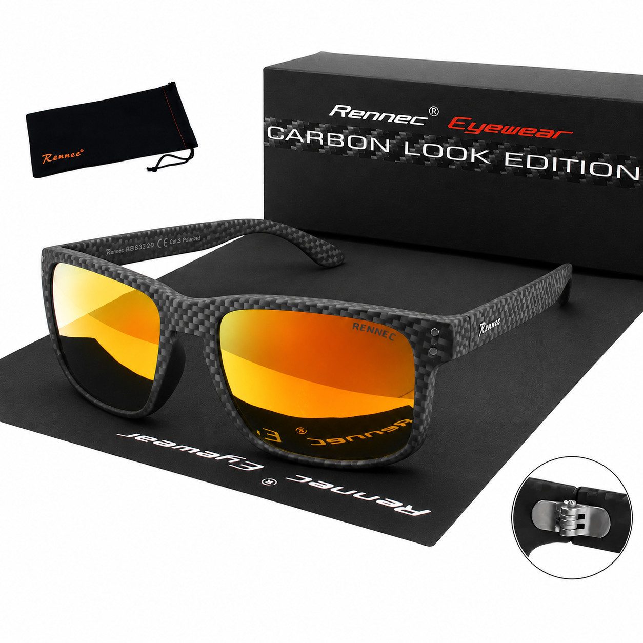 Rennec Sonnenbrille Herren Rechteckig Carbon Design Schwarz Gläser Orange Verspiegelt 3in2 Edelstahl Bügelgelenke, Gläser UV400, Brillenbeutel