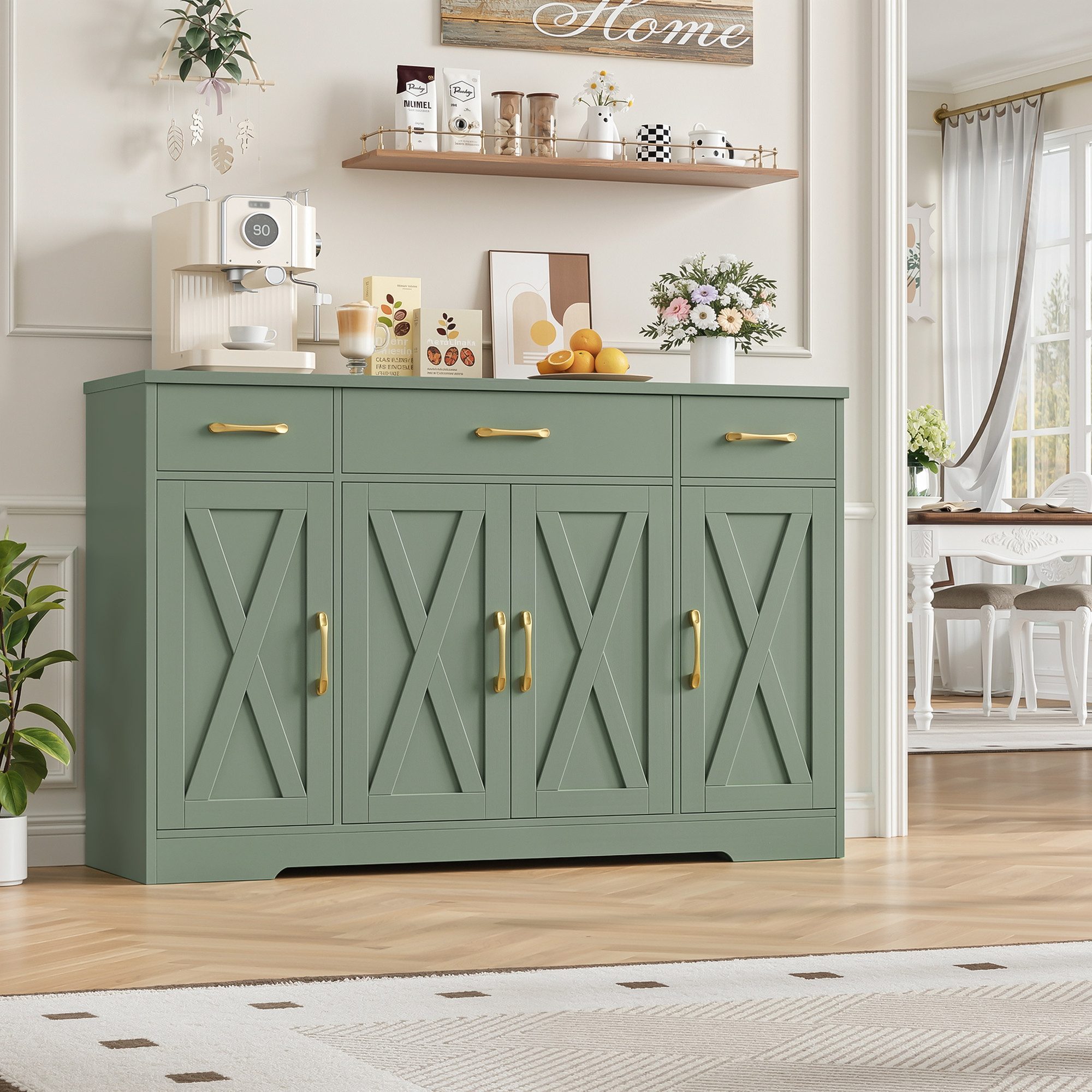 HOMECHO Sideboard, 140cm Breite Küchenschrank 3 Schubladen 4 Türen, Verstellbaren Regalen