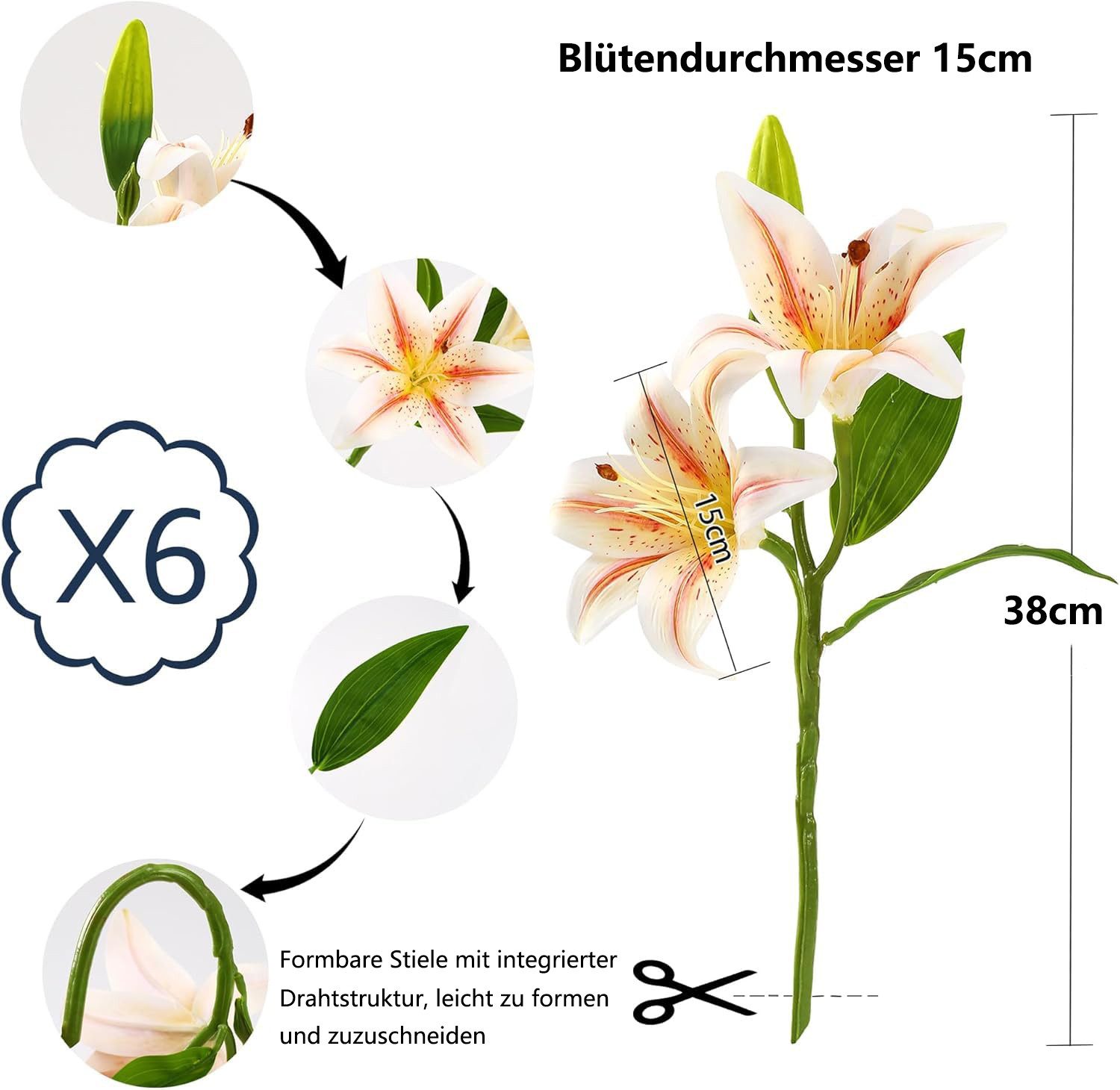 Kunstblume 6 Bündel Kunstblumen Lilien künstliche Lilienblume, FOUORTUNATE-BEE, Blumenstrauß für Hochzeit, Home & Büro Deko, Tischdekoration