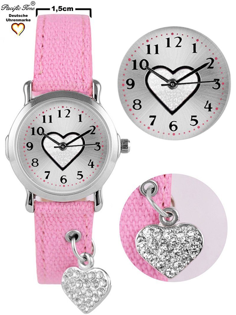 Pacific Time weiss Gratis rosa Herzchen mit Armband - funkelndes Versand am Herzanhänger Stoffarmband, Armbanduhr Kinder Quarzuhr