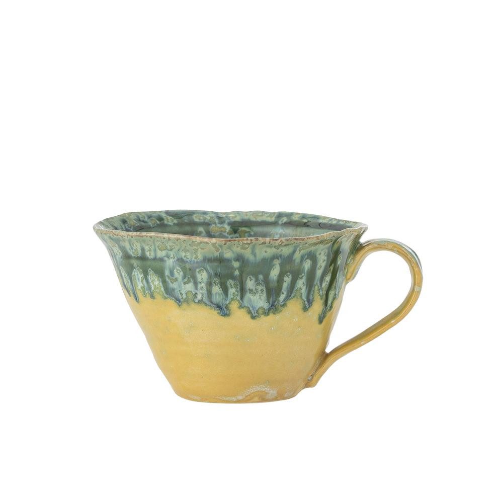 Bloomingville Tasse Milani, Grün, Steingut, 250 ml, D11xH7 cm, Steingut, Handgefertigt, reaktive Glasur, Rustikal, Perlmutt-Optik, Unikat