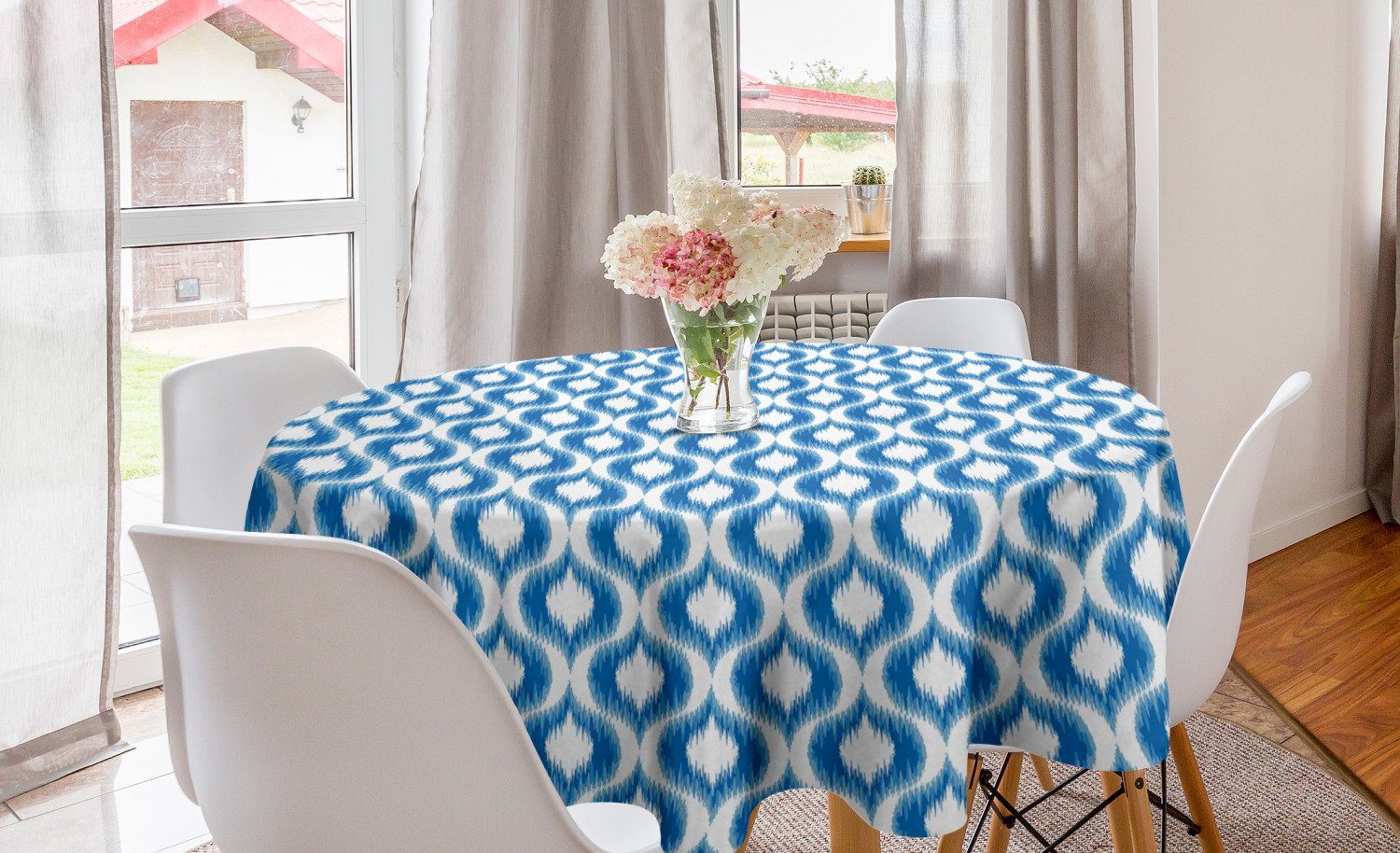 Abakuhaus Tischdecke Kreis Tischdecke Abdeckung für Esszimmer Küche Dekoration, Blau Weiss Verschwommen Damast Motive