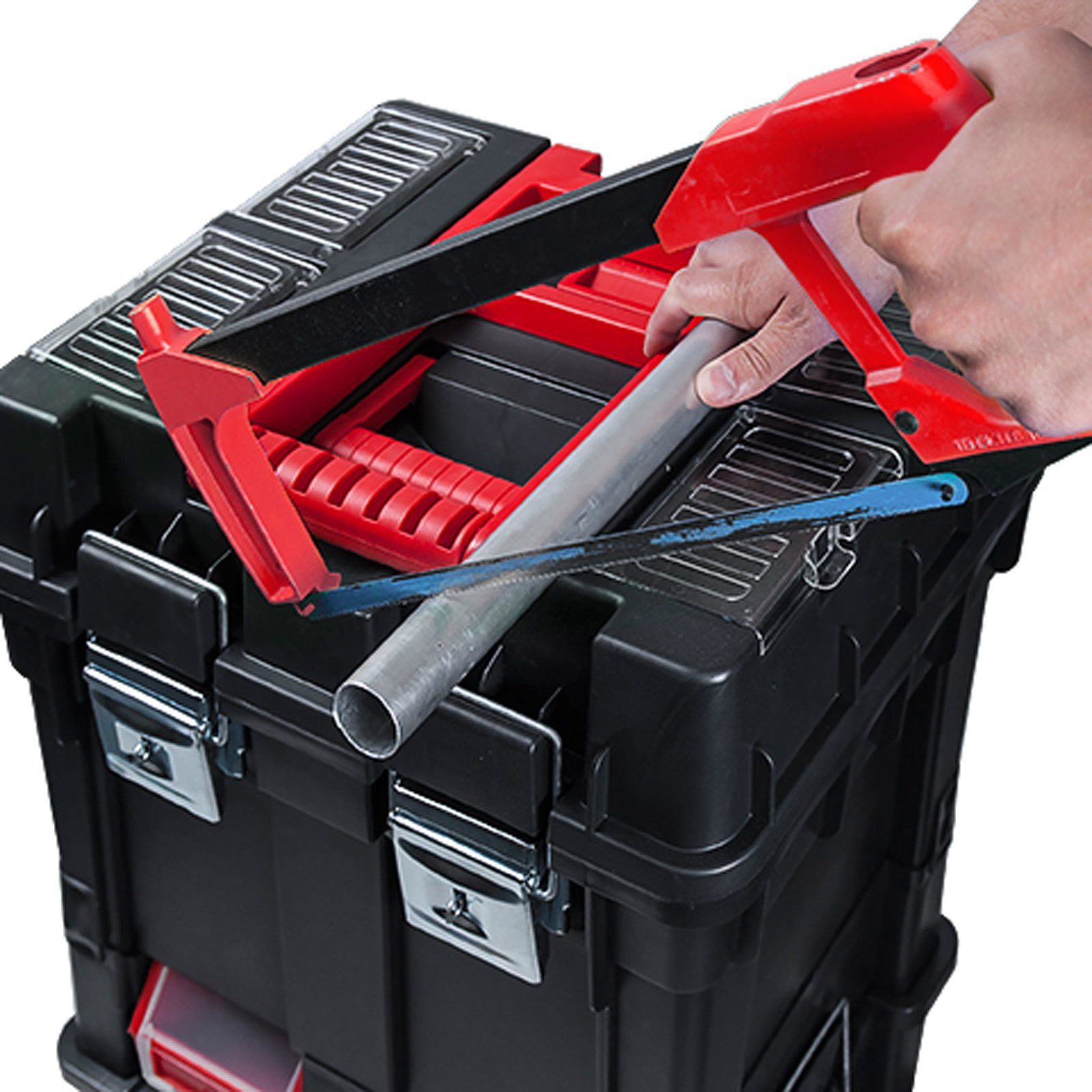 PROREGAL® Werkzeugkoffer WerkzeugkofferTrolley Plus auf Rollen, HxBxT71,2x49,5x35cm, SchwarzRot – Bild 4 von 5