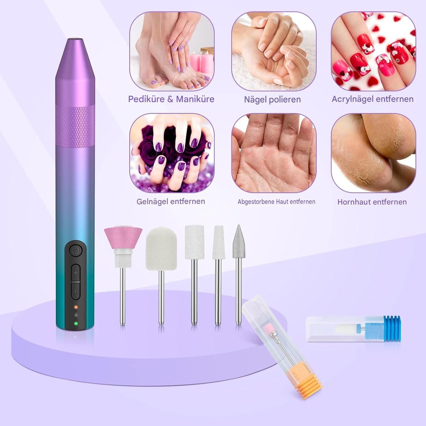GarveeMore Maniküre-Pediküre-Set, 1-tlg., 5 Nagelfräseraufsätze, 1 Keramikaufsatz, Nagelkunstpinsel, Geräuscharm und vibrationsarm – Bild 4 von 5