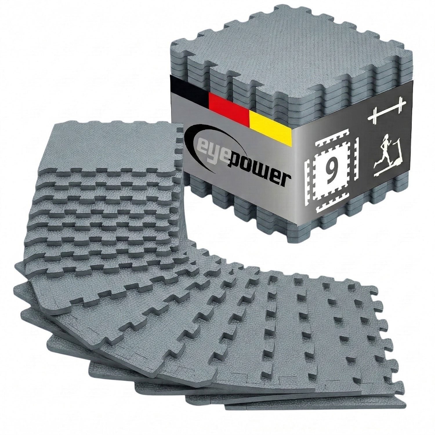 eyepower Fitnessmatte XL für Zuhause - 0,8 m² Trainingsmatte mit Rand - 9 Home Gym Matten, 30 x 30 x 1 cm Bodenschutzmatte Sport und Gymnastik - EVA Bodenmatte