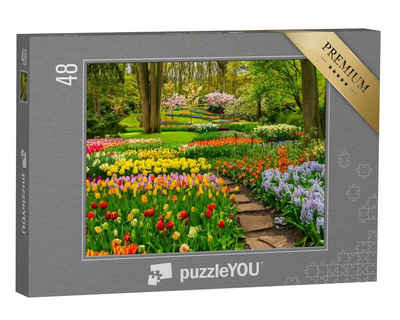 puzzleYOU Puzzle Bunter Tulpengarten unter Bäumen, 48 Puzzleteile, puzzleYOU-Kollektionen Flora, Parks, Garten, Blumen, Pflanzen