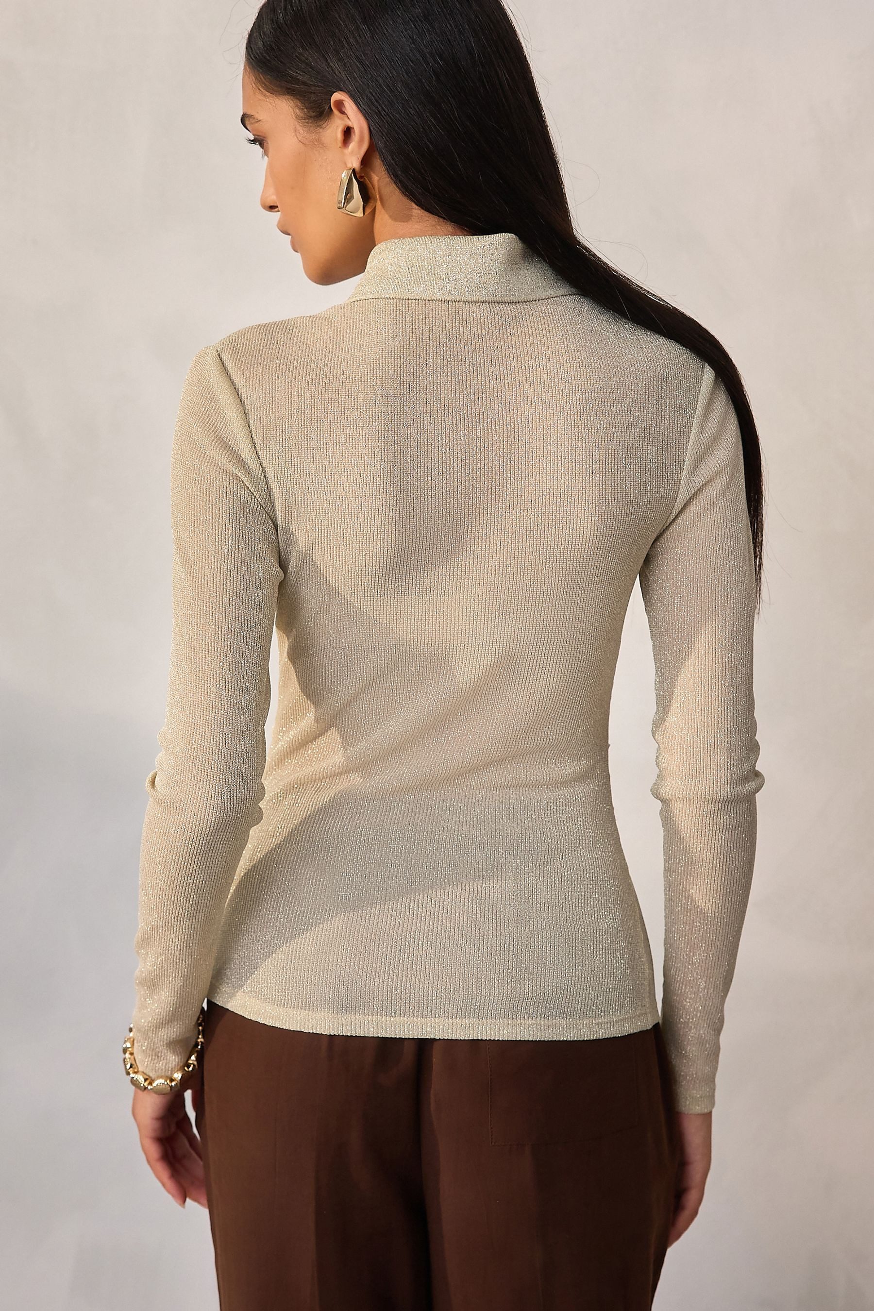 Next Langarmshirt Langärmeliges Polo-Top mit Glitzer (1-tlg)