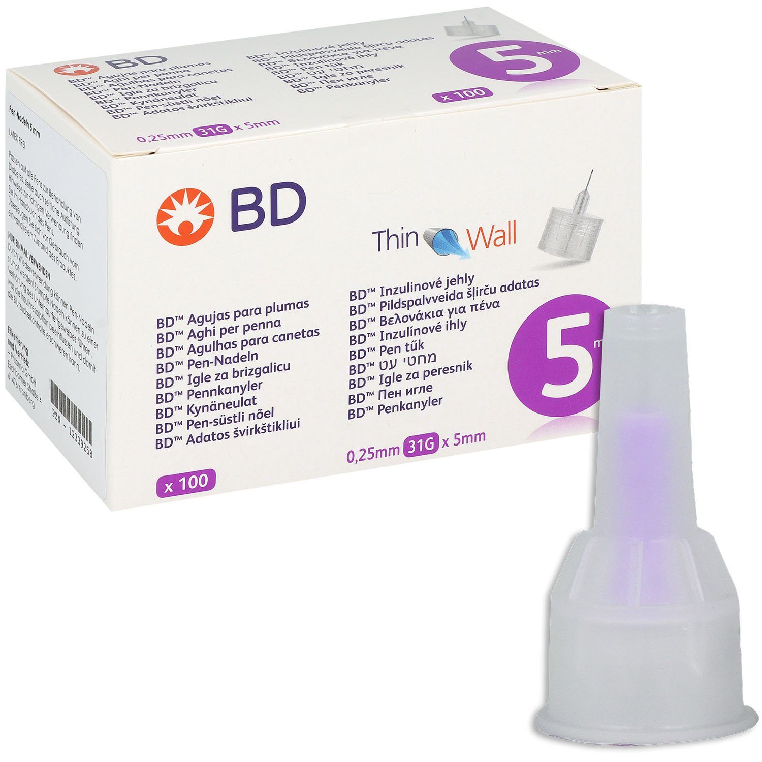 Becton Dickinson Ланцети BD Pen-Nadeln Thin Wall 0,25x5 mm, 31,00G, 100 St., Spar-Set, Thin Wall Technologie, Blutzucker, Vielseitige Anwendung für gängige Insulin-Pens, 100 tlg., Silikonbeschichtete und elektropilierte Oberfläche, Diabeteskontrolle