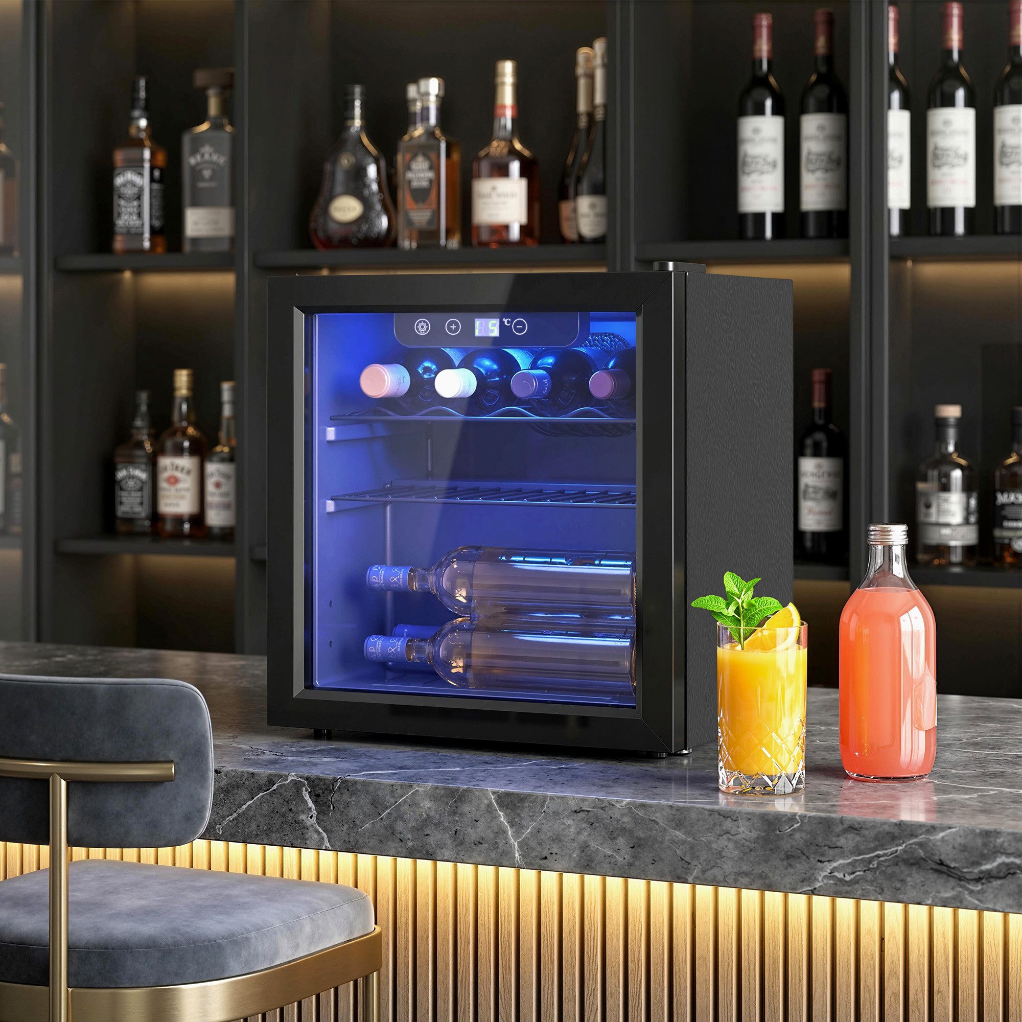 HOMCOM Weinkühlschrank mit 4-16°C, Glastür, LED-Beleuchtung, LED Display, für 12 Standardflaschen á 0,75l,36 Liter Getränkekühlschrank Klein