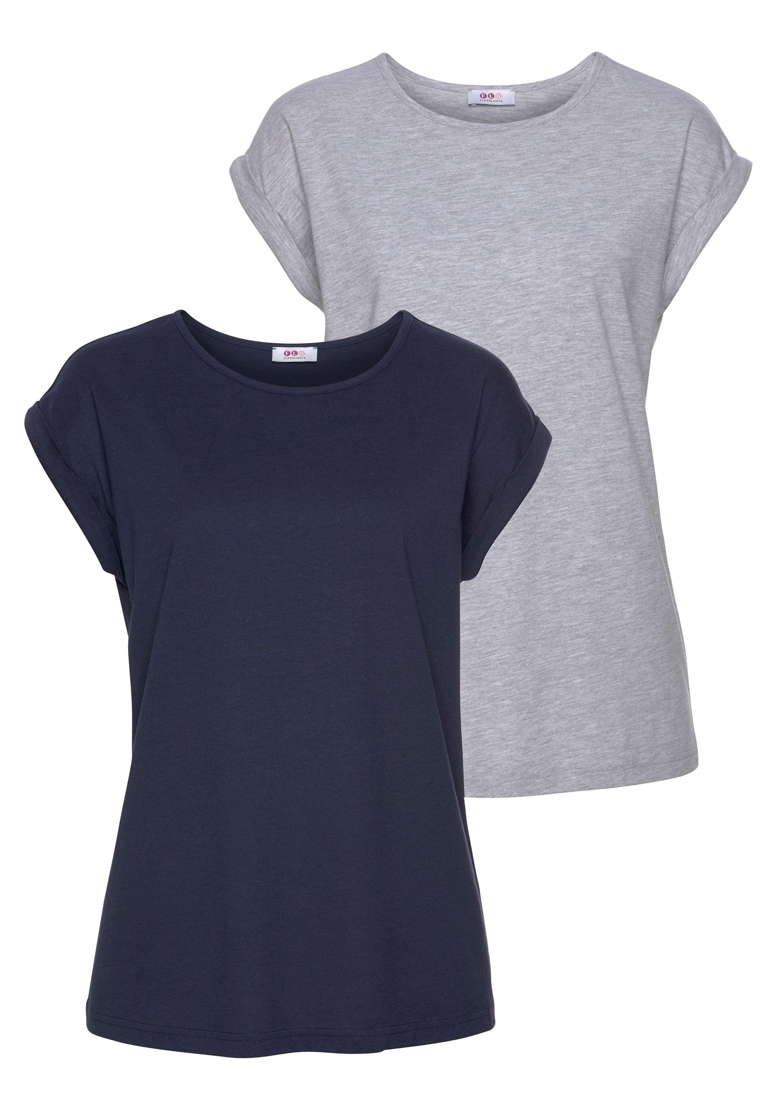 T-Shirt & Schultern Ärmelaufschlag grau-meliert, Flashlights marine (2er-Pack) mit überschnittenen kleinem