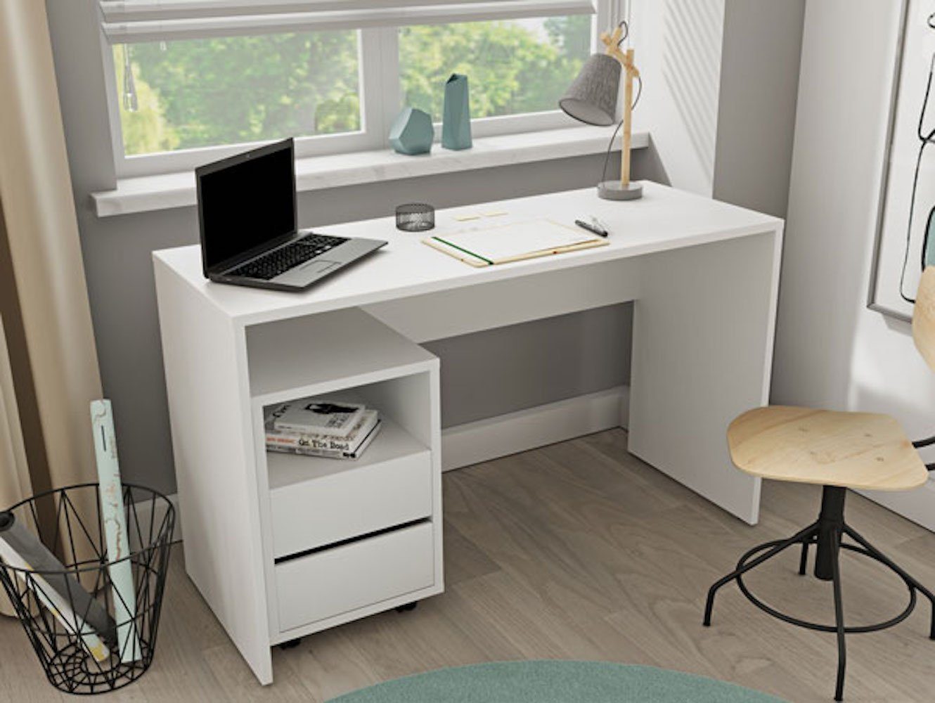 Helvetia Schreibtisch Apia (Apia), 130x50x75cm weiß mit Rollcontainer