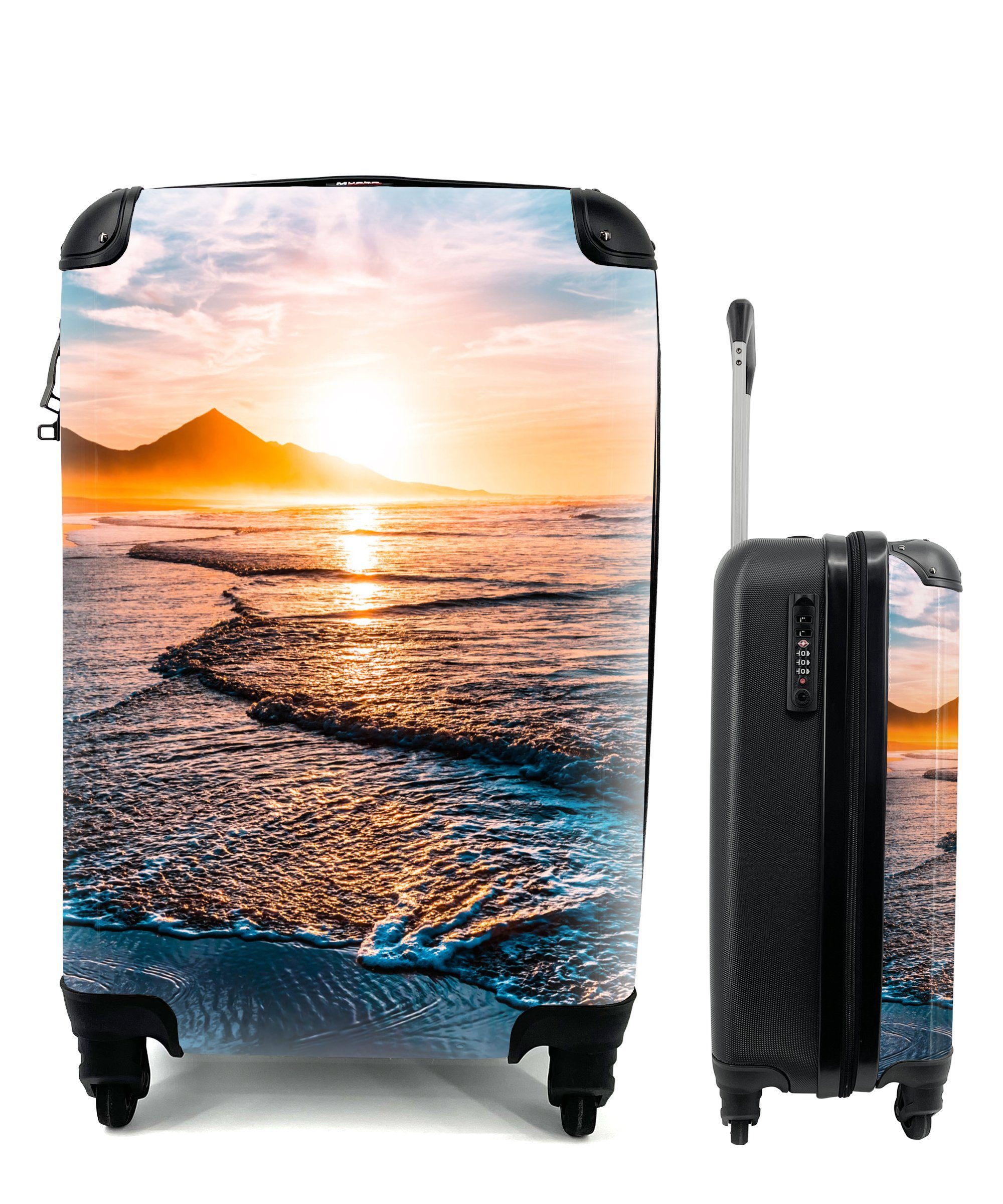 MuchoWow Handgepäckkoffer Sonnenuntergang - Meer - Berg - Horizont - Landschaft - Blau, 4 Rollen, Reisetasche mit rollen, Handgepäck für Ferien, Trolley, Reisekoffer