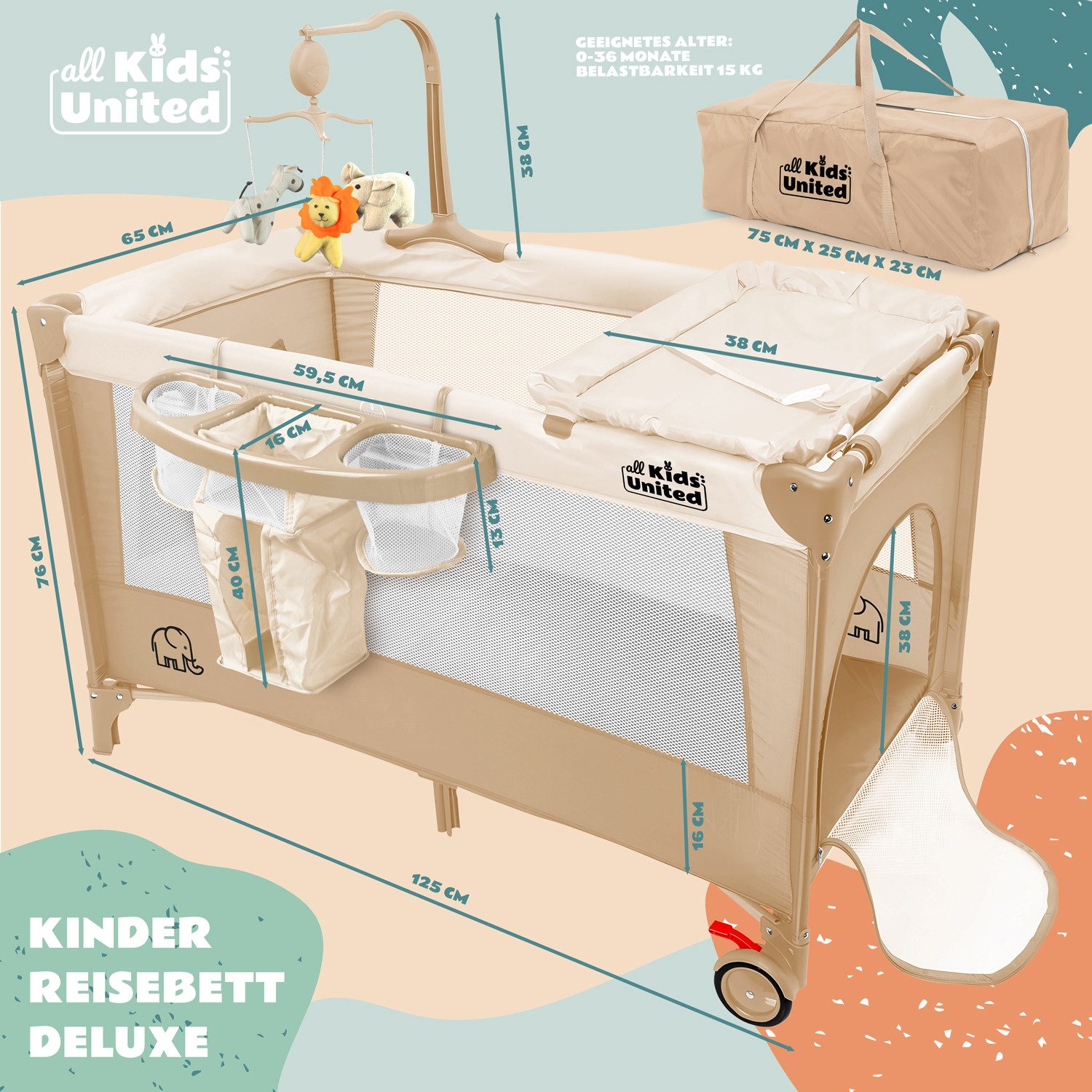 all Kids United Baby-Reisebett Faltbares Baby Reisebett- Babybett mit Matratze, Tragetasche&Stauraum, mit Wickelauflage