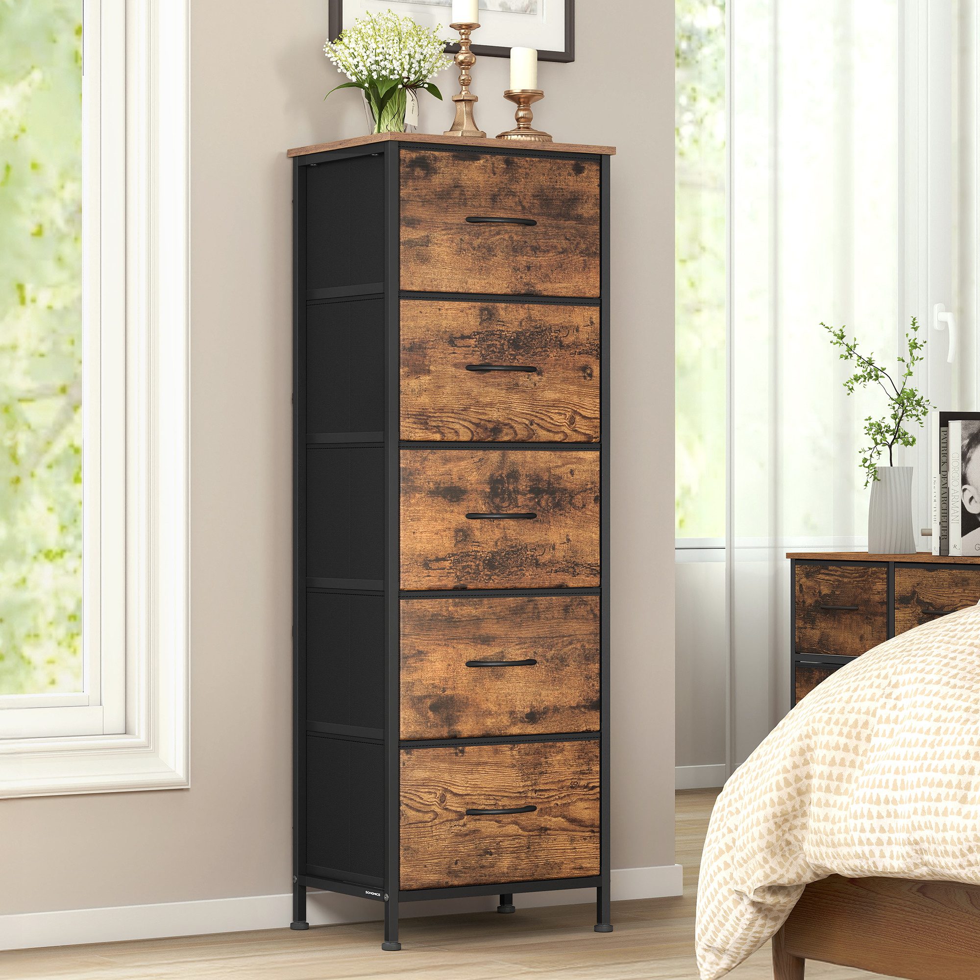 SONGMICS Kommode Schrank, Aufbewahrungsschrank, Stahl, MDF, Vliesstoff, für Schlafzimmer