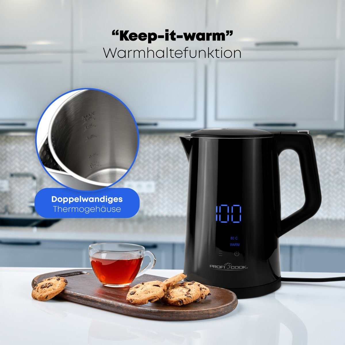 ProfiCook Wasserkocher PC-WKS 1243, 1,7 L Temperatureinstellung 50°-100°C, Soll & Ist Temperaturanzeige