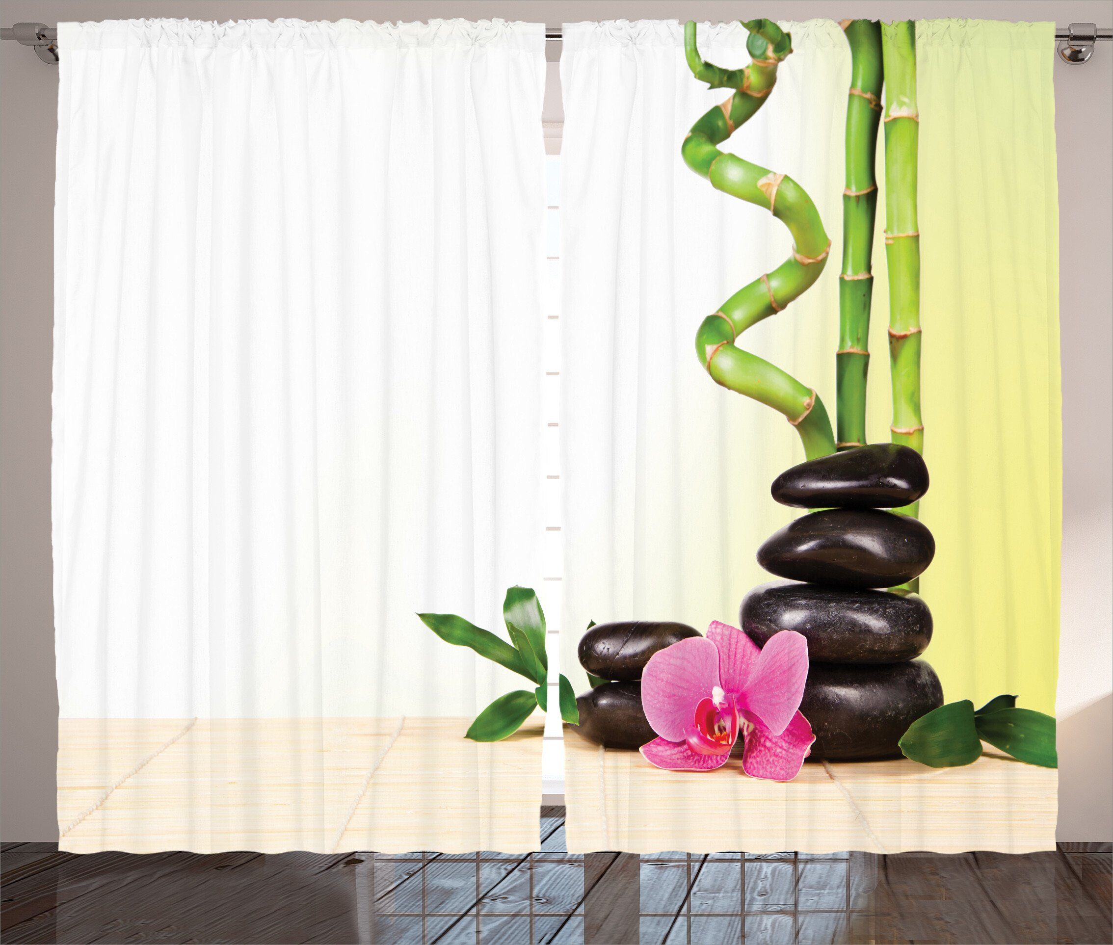 Gardine Schlafzimmer Kräuselband Vorhang mit Schlaufen und Haken, Abakuhaus, Spa Bamboo Rock Meditation