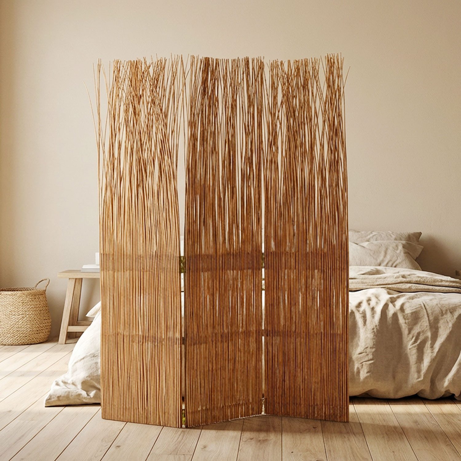 Homestyle4u Paravent Raumteiler Indoor Holz Weide Trennwand Sichtschutz Natur faltbar (3-teilig), Natur