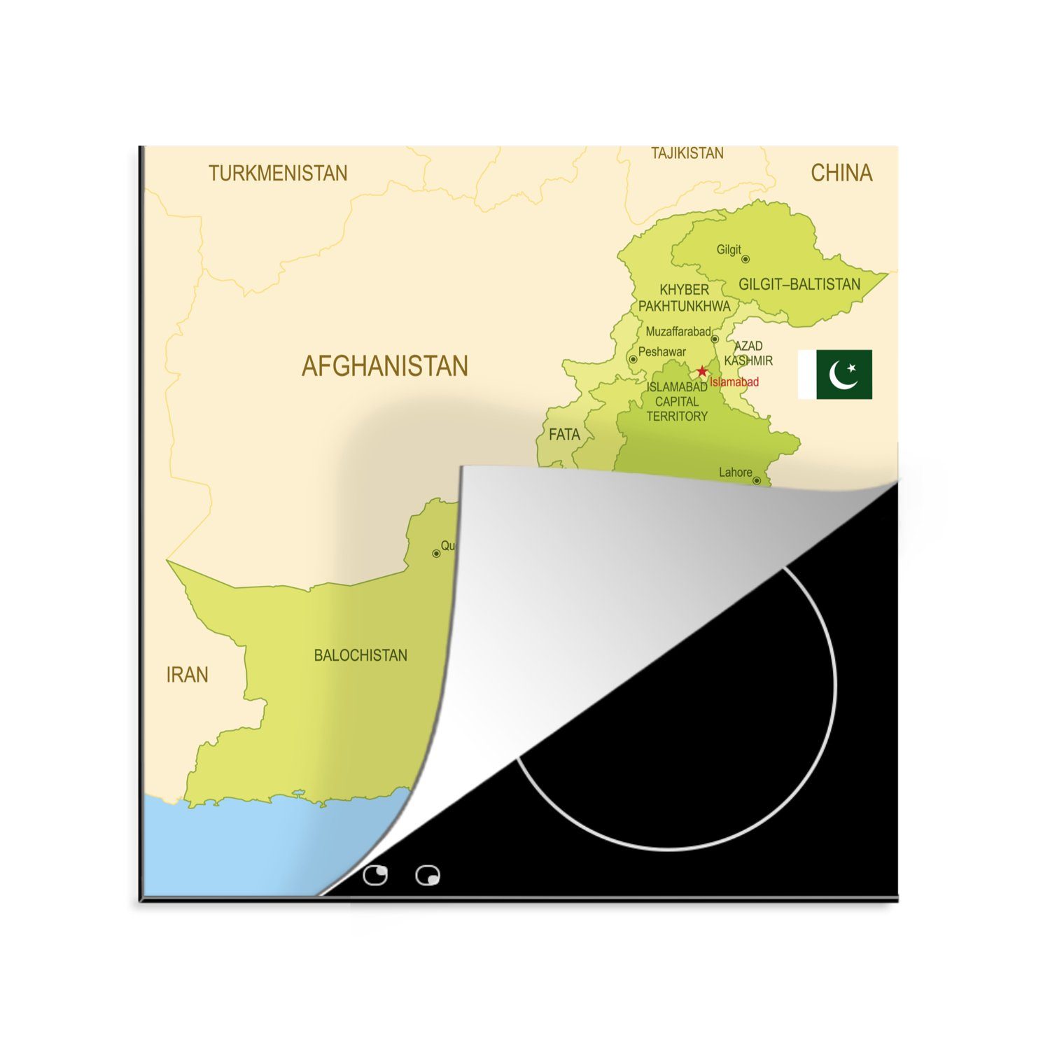 MuchoWow Herdblende-/Abdeckplatte Illustration der Karte von Pakistan und seinen Provinzen, Vinyl, (1 tlg), 78x78 cm, Ceranfeldabdeckung, Arbeitsplatte für küche