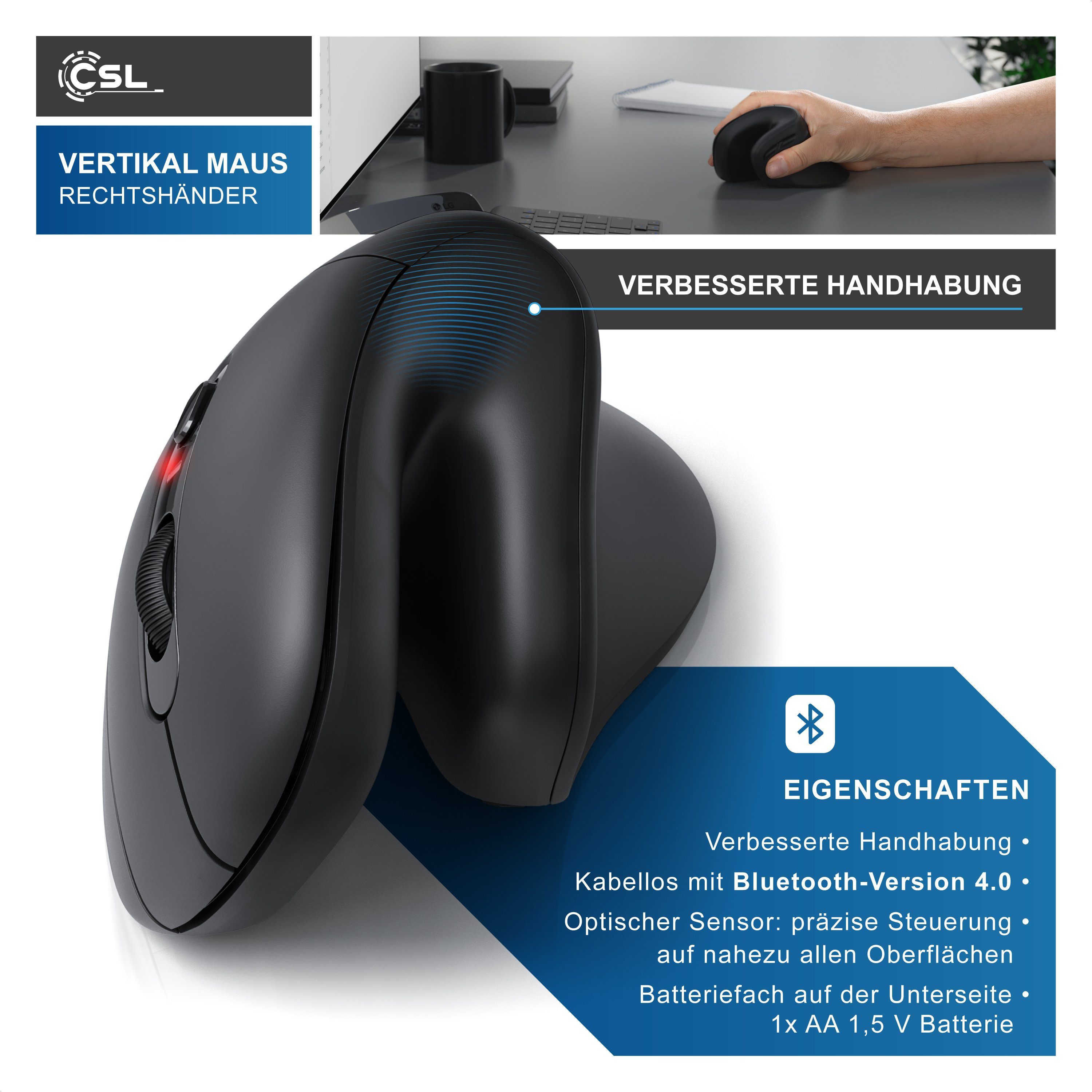 CSL Vertikal für Rechtshänder, Bluetooth Kabellos, gegen Mausarm/Tennisarm ergonomische Maus (Bluetooth, optisch, Armschonend, 1000-2400 DPI, kompatibel mit PC, Laptop, Mac)