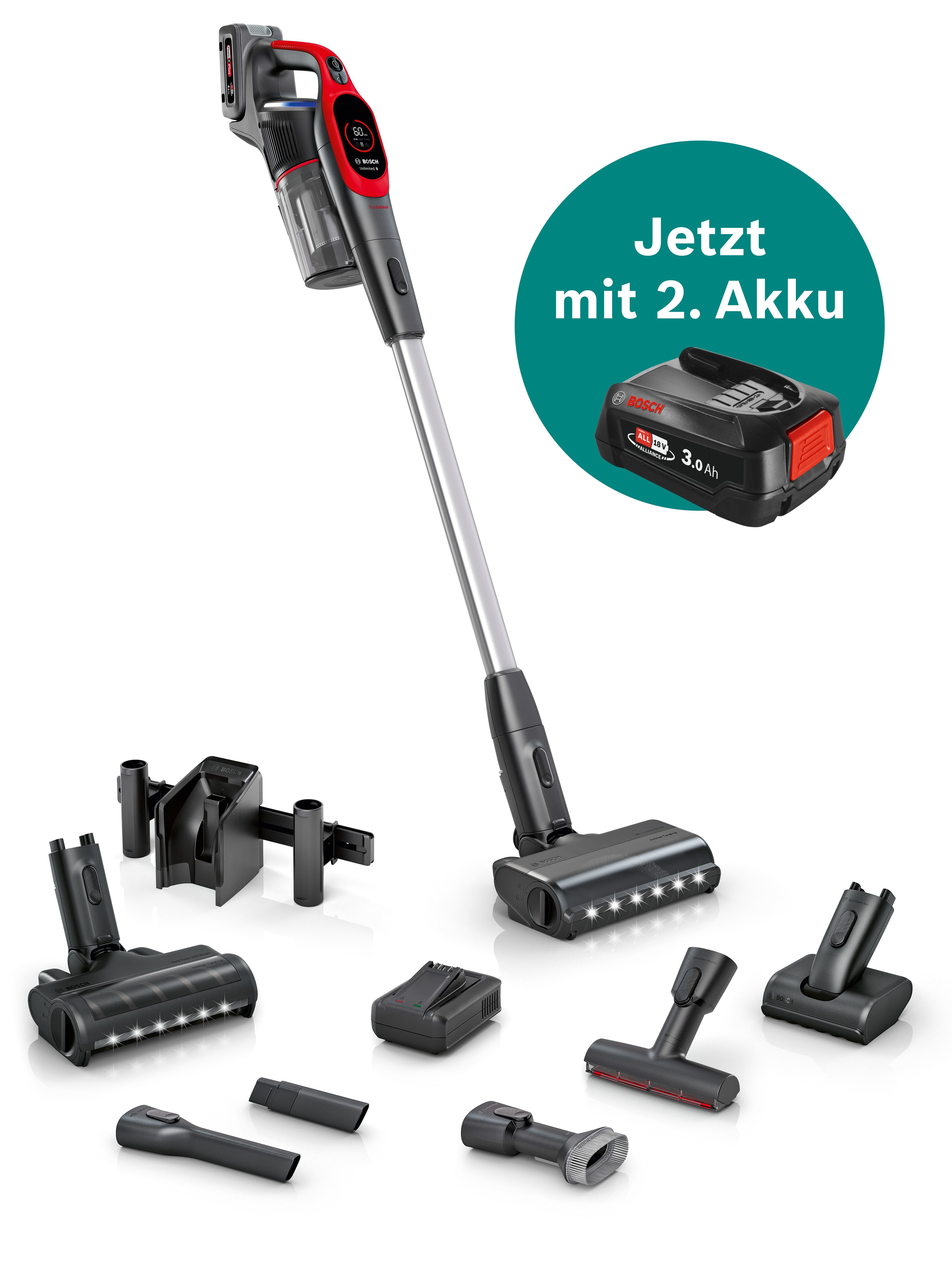 BOSCH Akku-Stielstaubsauger Neuheit Unlimited 9 ProAnimal BKS941PET, MicroClean™ Technology, beutellos, HEPA-Filtersystem, 10 Jahre Motorgarantie, Schnellladegerät, LED Licht