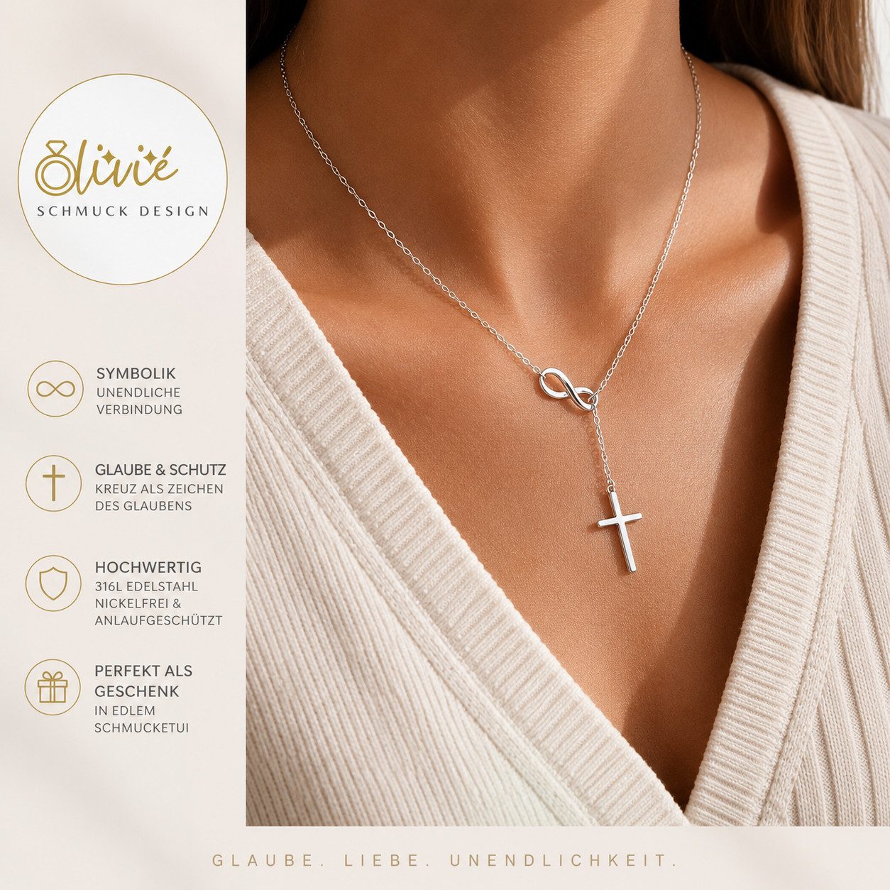 XCOAST Statementkette Infinity Damen – Unendlichkeitsschleife & Kreuz (statementkette damen silber infinity, Geschenkidee), Silber, elegant minimalistisch