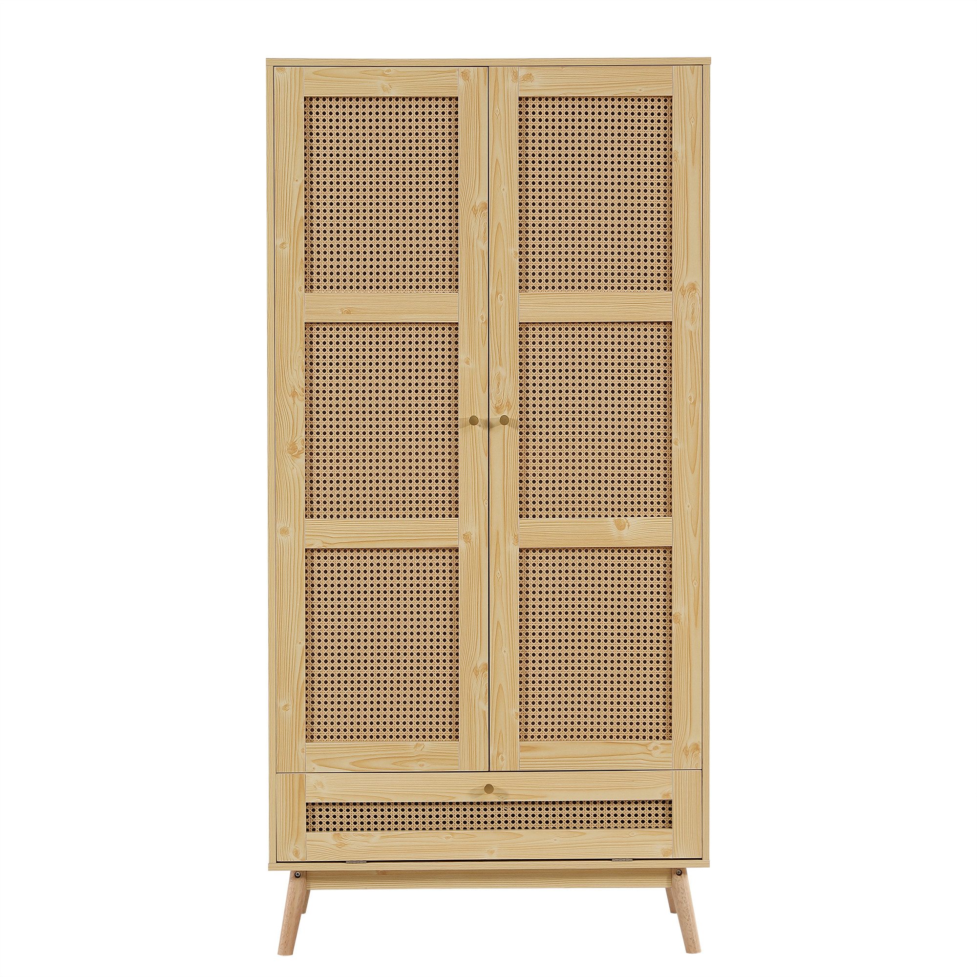 Flieks Kleiderschrank 2-türiger Schrank mit Stange und unterem Flip-Top-Deckel, Rattan
