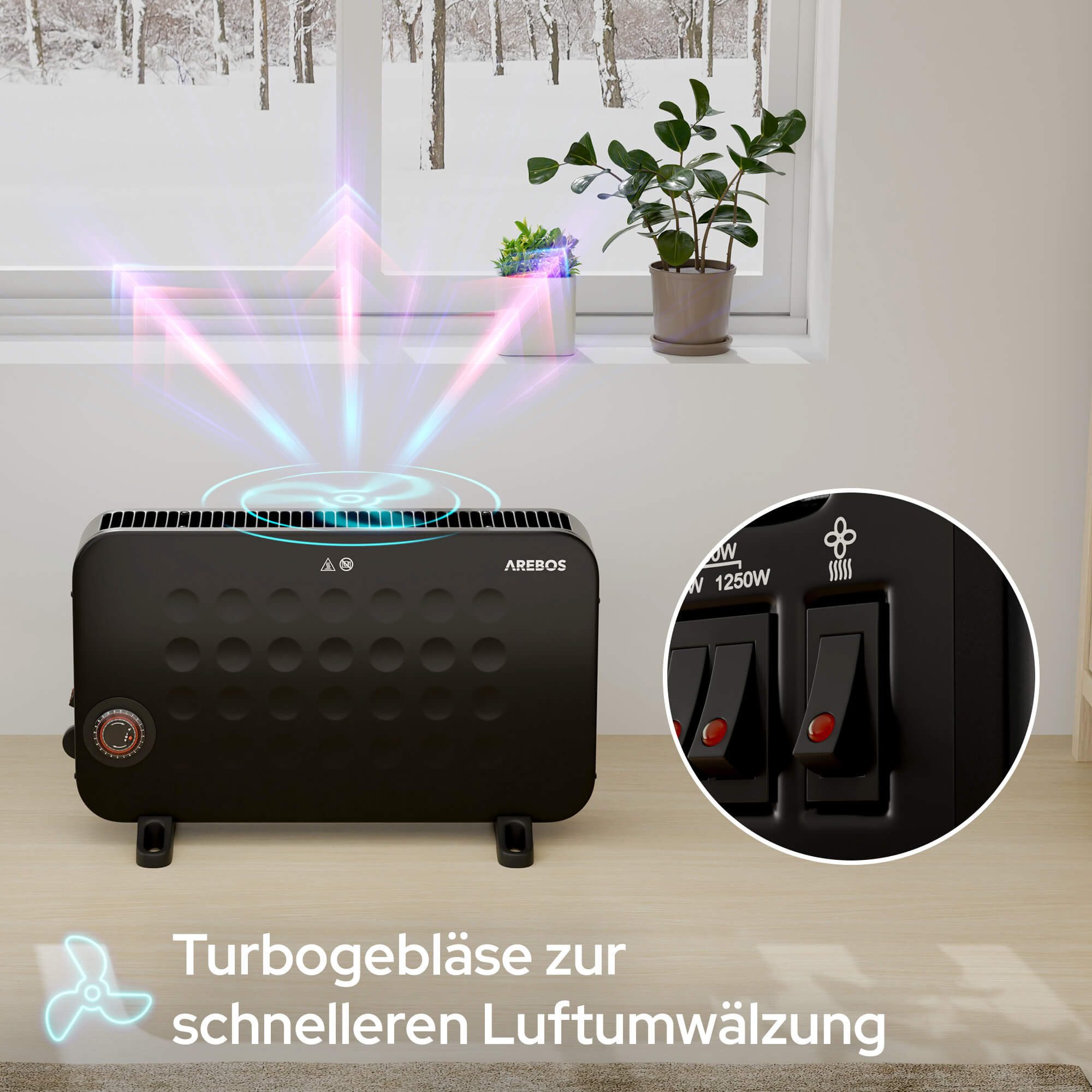 Arebos Konvektor 2000 W 3 Heizstufen, Sensorgesteuert integriertes Thermostat, Überhitzungsschutz, LCD-Display Timer mobiles Heizgerät – Bild 4 von 5