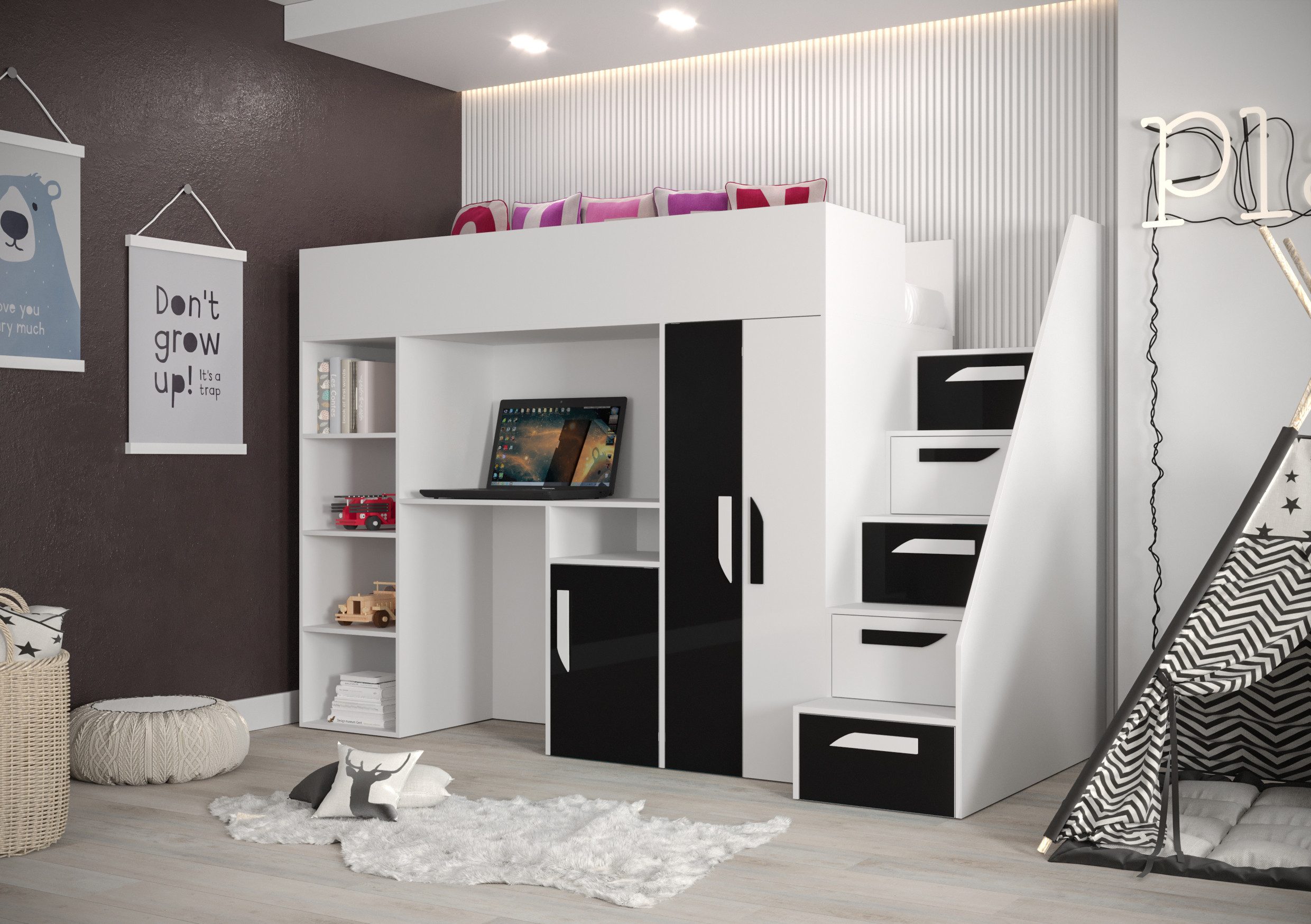 ABIKS MÖBEL Hochbett PARTY 14 Etagenbett für Jugendliche mit Schreibtisch, Kleiderschrank
