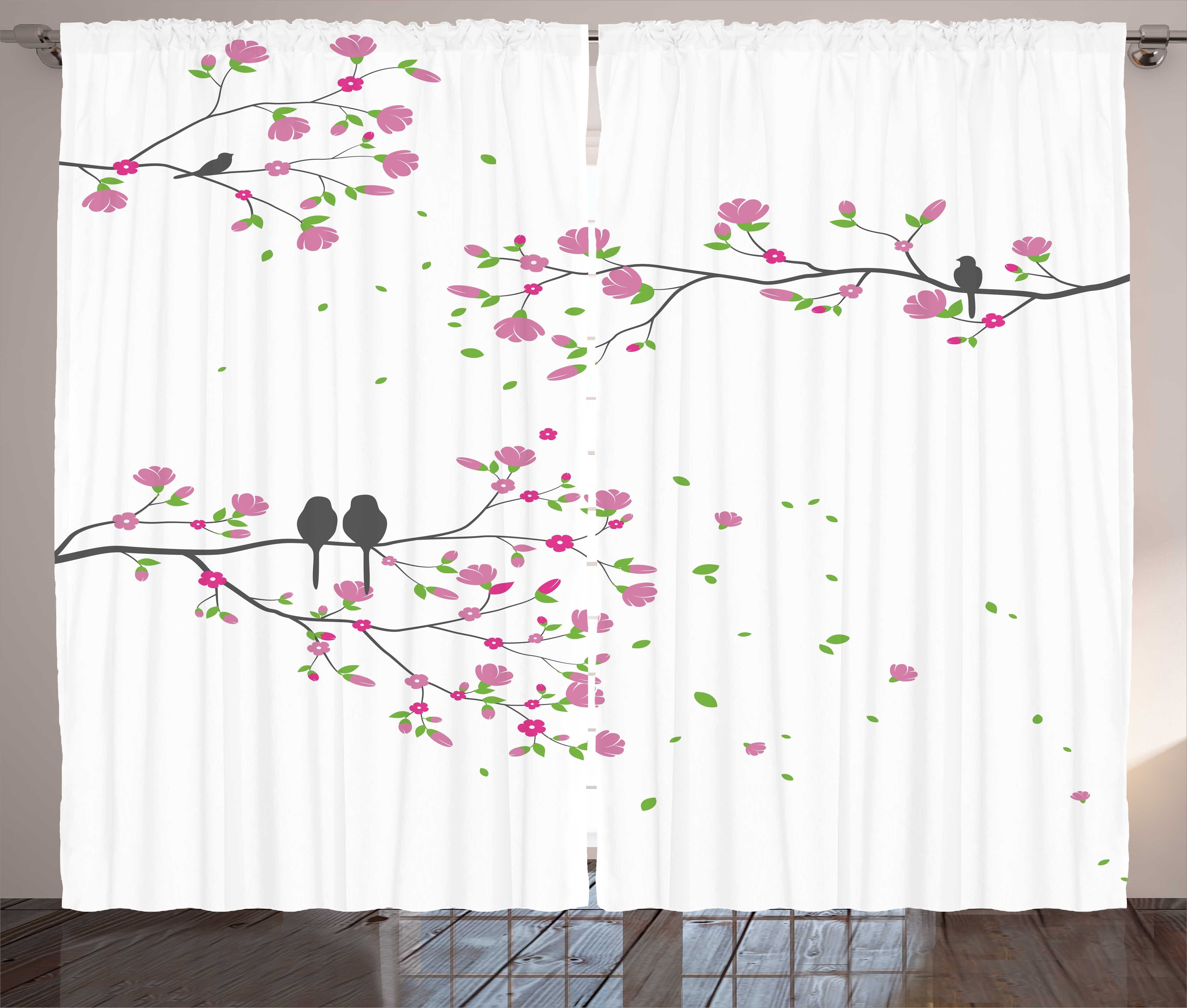 Gardine Schlafzimmer Kräuselband Vorhang mit Schlaufen und Haken, Abakuhaus, Frühling Vögel und Blumen auf Niederlassung