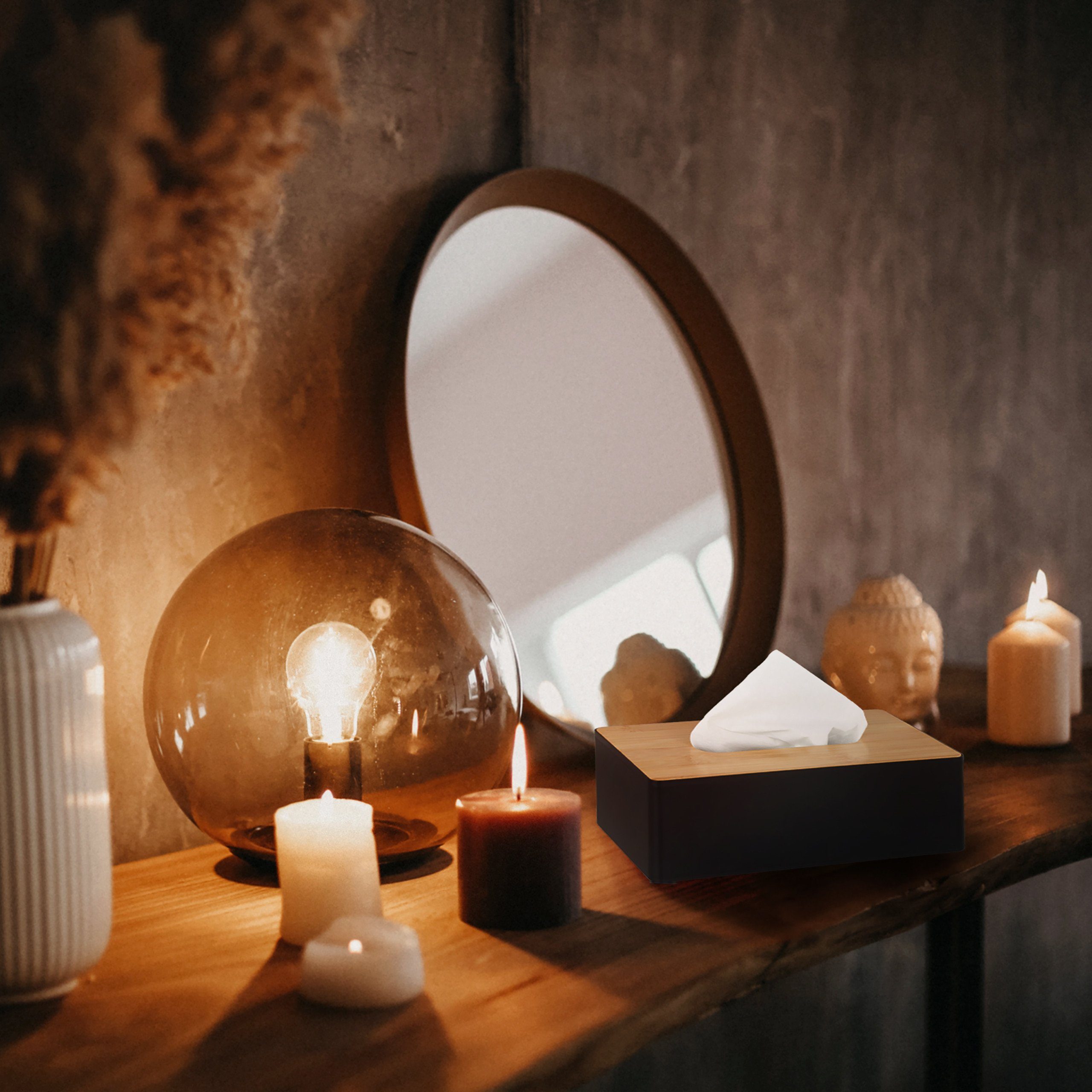 relaxdays Papiertuchbox Schwarze Tücherbox mit Bambusdeckel