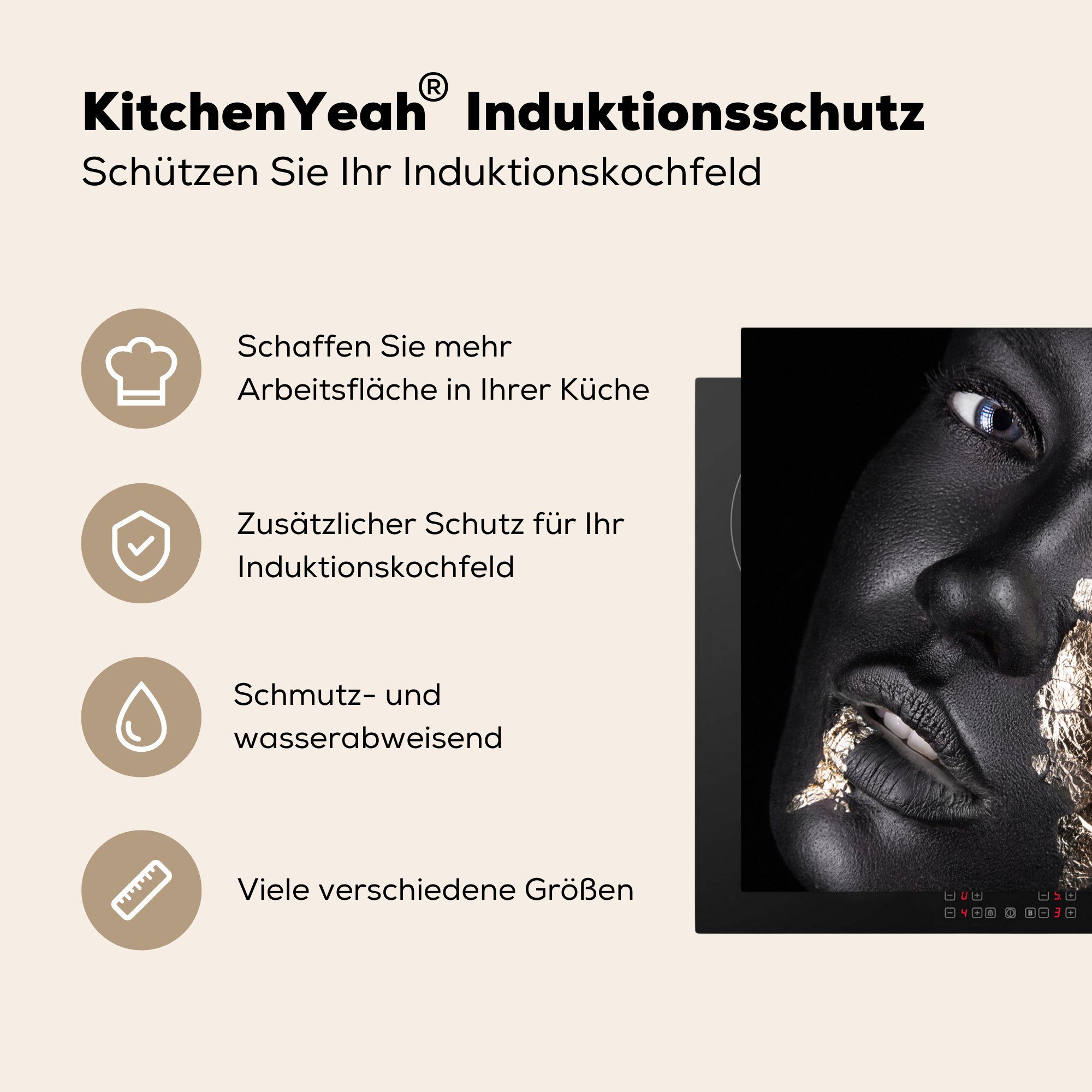 Frau MuchoWow tlg), Ceranfeldabdeckung, 78x78 (1 für Vinyl, cm, - Schwarz, Herdblende-/Abdeckplatte - Arbeitsplatte küche Gold