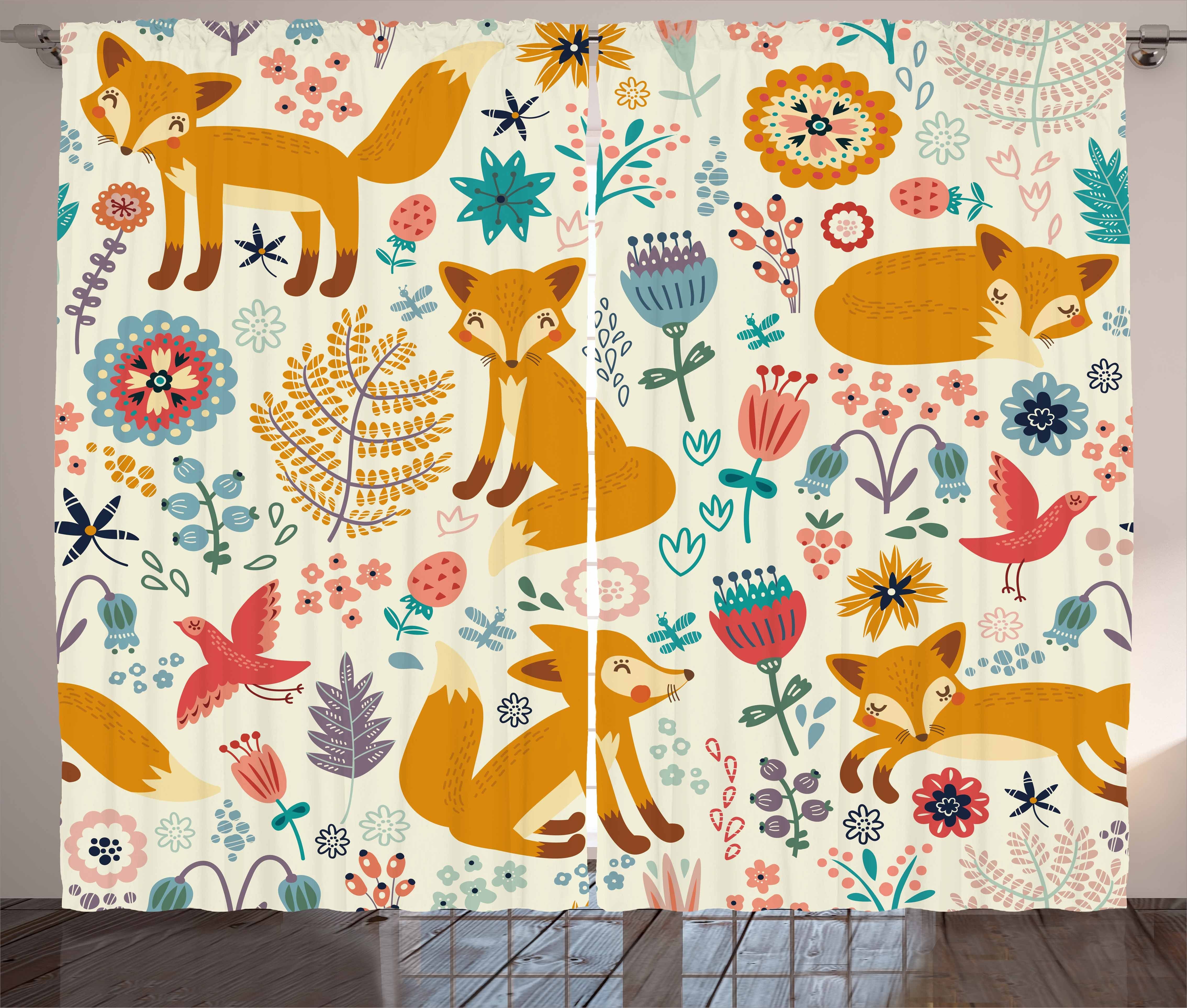 Gardine Schlafzimmer Kräuselband Vorhang mit Schlaufen und Haken, Abakuhaus, Fuchs Füchse Aufwändige Blumen Vögel