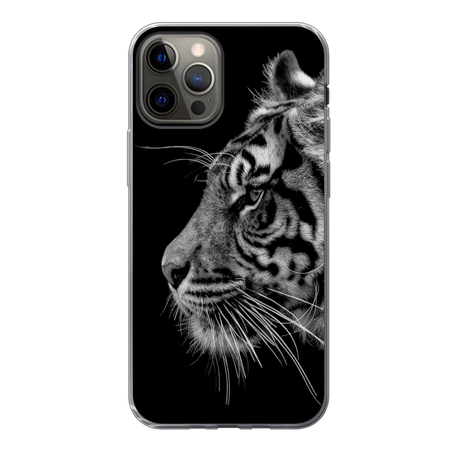 MuchoWow Handyhülle Tiger auf schwarzem Hintergrund in schwarz und weiß,  Handyhülle Apple iPhone 13 Pro, Smartphone-Bumper, Print, Handy