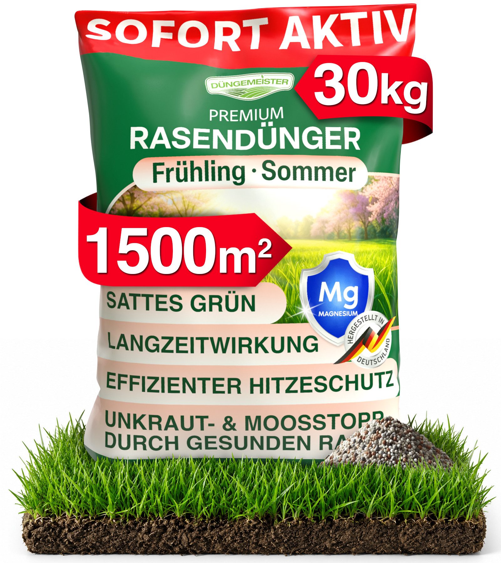DÜNGEMEISTER Rasendünger Frühjahr/Sommer für sofort saftiges Grün, mit revolutionärer KI Formel - Langzeit NPK/Organisch