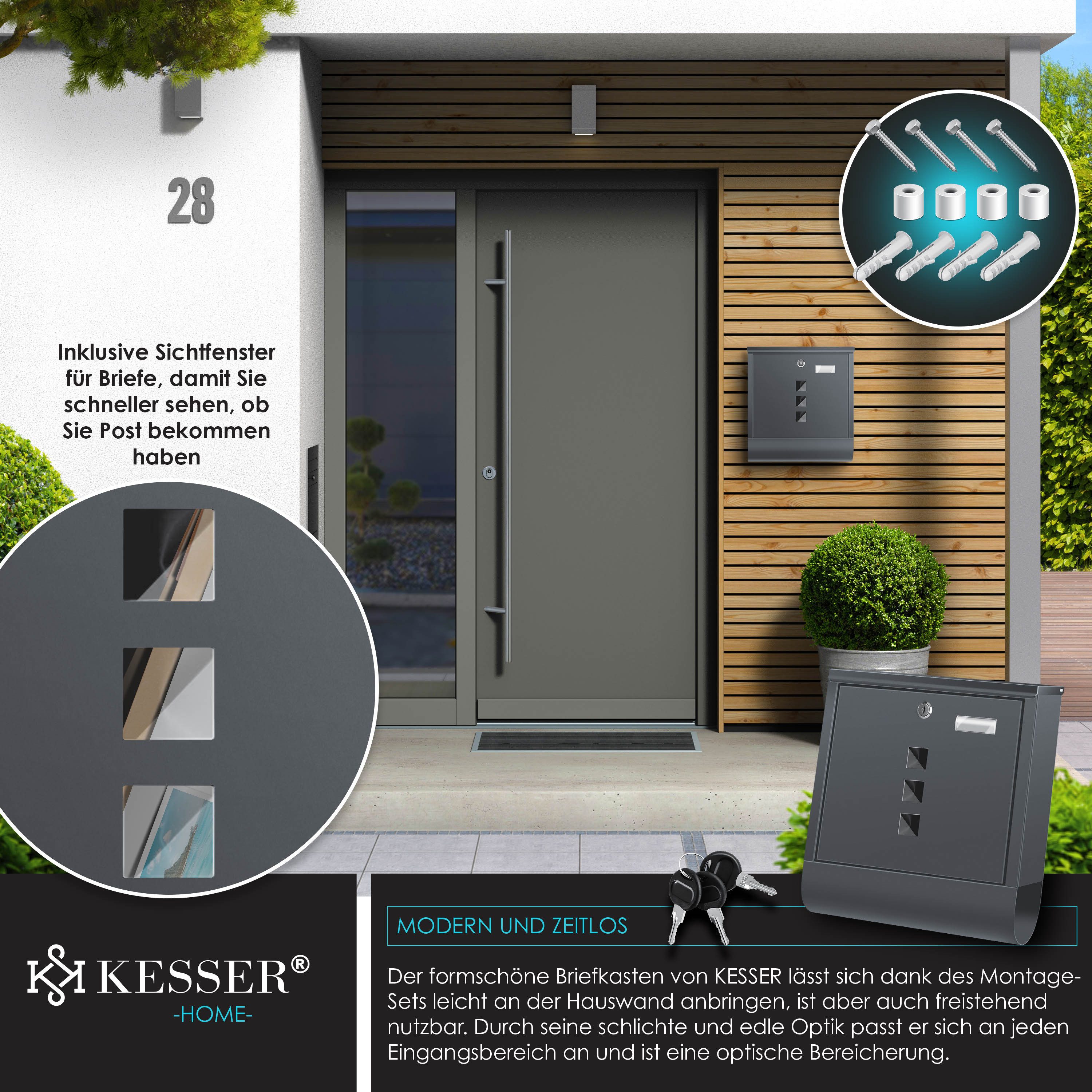 KESSER Briefkasten aus Edelstahl mit Zeitungsfach, 3x Schlüssel & Wandmontage-Material, (Pulverbeschichtet & gebürstet) mit Namensschild & Sichtfenster – Bild 5 von 5