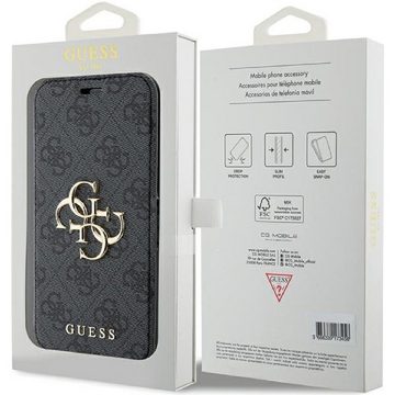 Guess Handyhülle Bookcase iPhone 15 Pro Max grau Logo goldfarben aufstellbar 6,7 Zoll, Kantenschutz