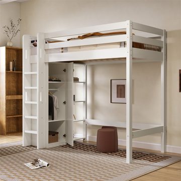 XDeer Hochbett Kinderbett mit Kleiderschrank und 6 Regalen Einzelbett Stauraum Hochbett Liegefläche 90x200 cm -208x110x186(BxTxH)WeißKids
