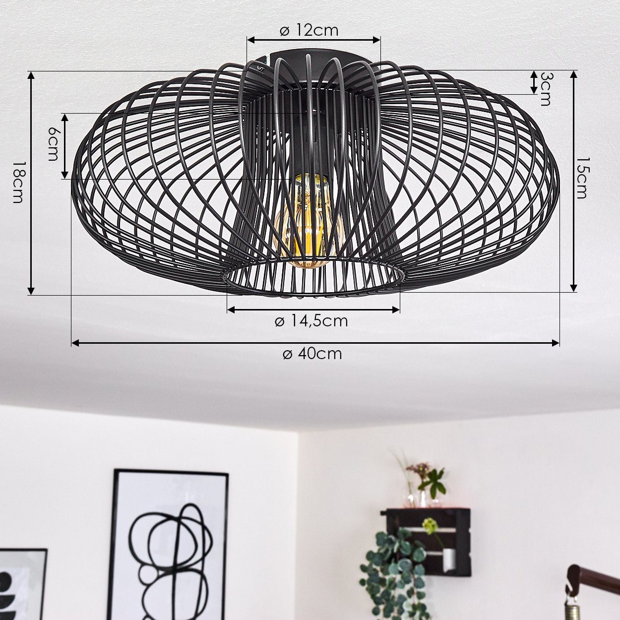 hofstein Deckenleuchte »Pieris« runde Deckenlampe aus Metall in Schwarz, ohne Leuchtmittel, E27, Retro-Leuchte mit Lichteffekt durch Gitter-Optik